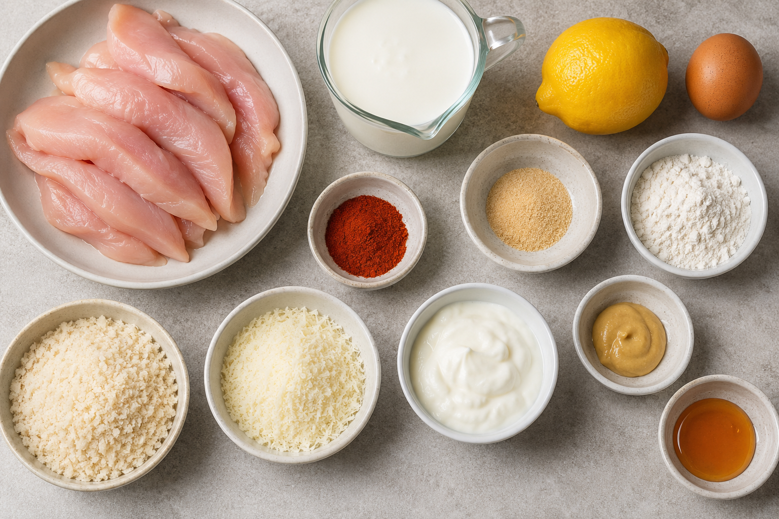 Ingredients for air fryer chicken tenders arranged on a worktop