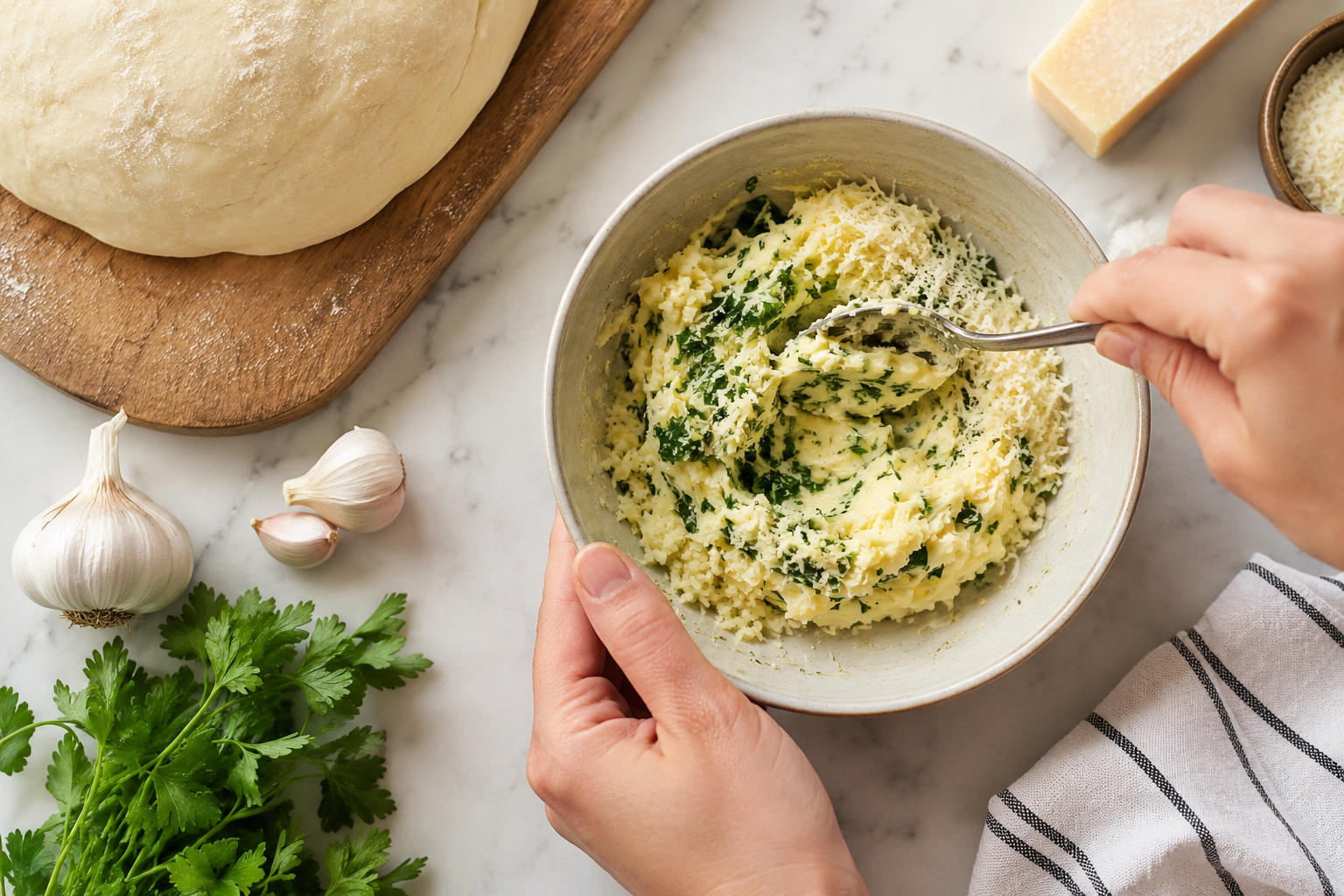 Garlic parsley butter and Parmesan being mixed