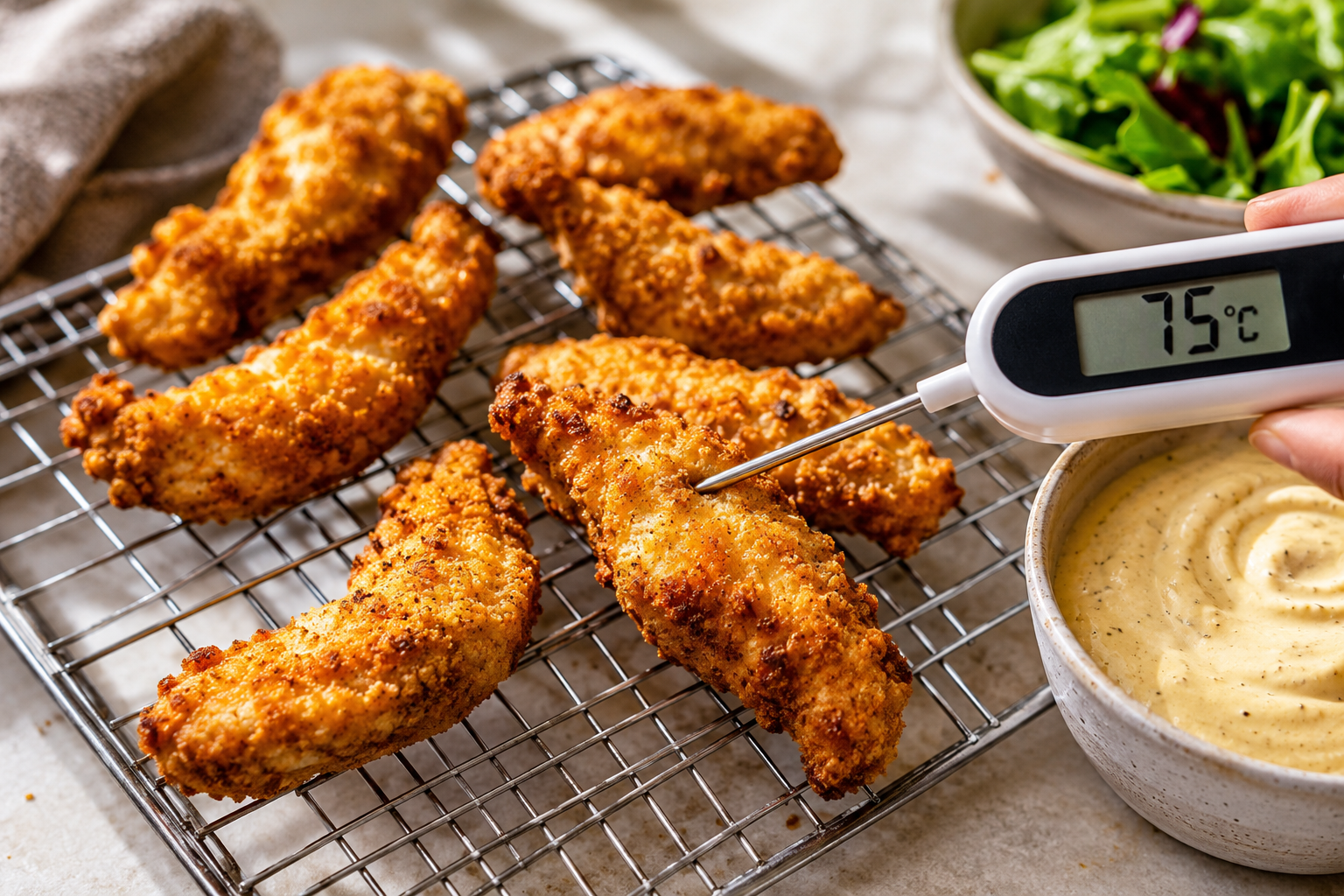 Golden chicken tenders checked with a food thermometer reading 75 degrees Celsius