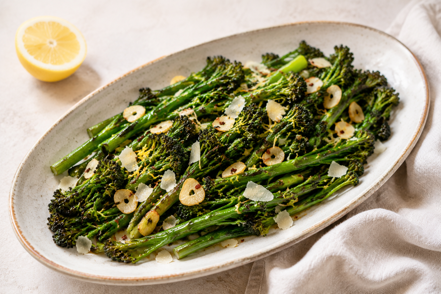 Garlic roasted broccolini with lemon zest and shaved Parmesan