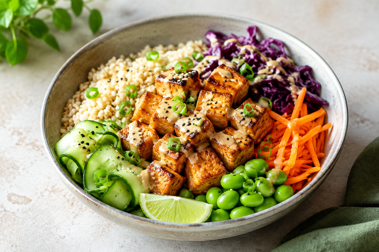 Crispy air fryer tofu bowl with brown rice, vegetables and peanut-lime sauce