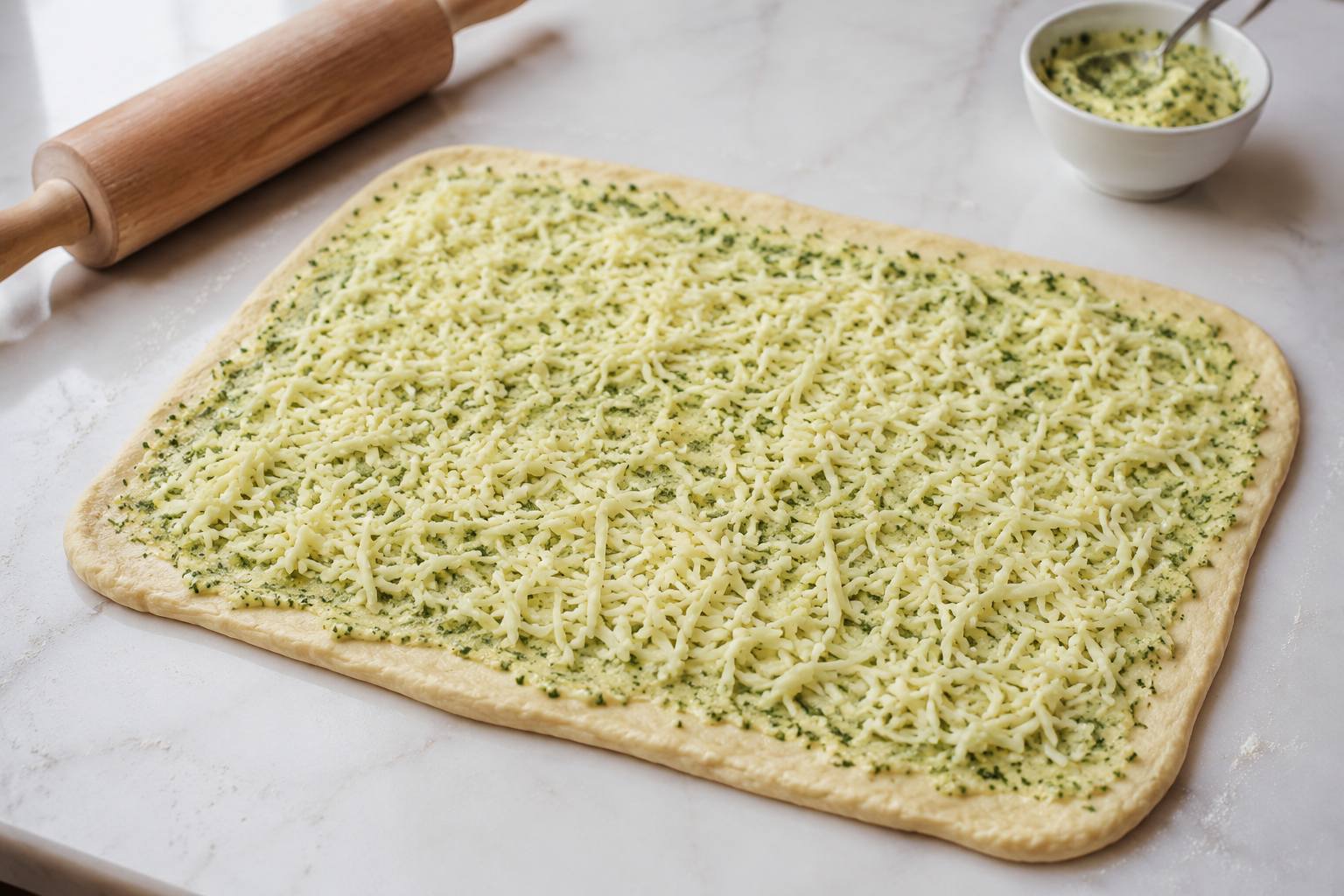 Rolled bread dough covered with garlic butter and mozzarella