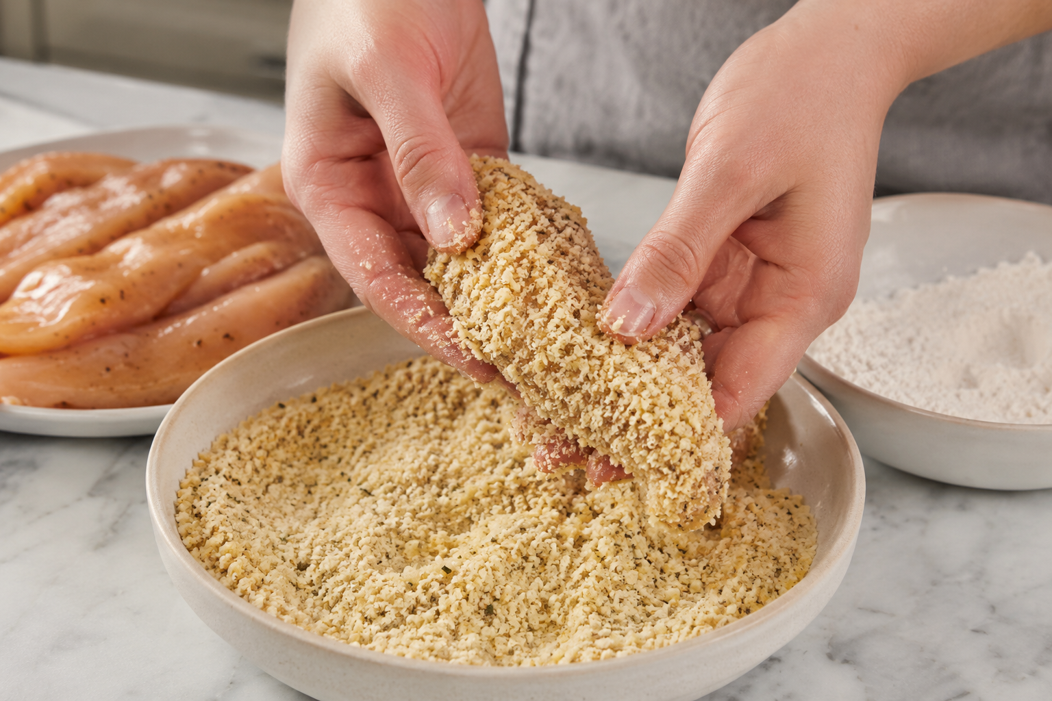 Chicken strip being coated in panko and Parmesan breadcrumbs