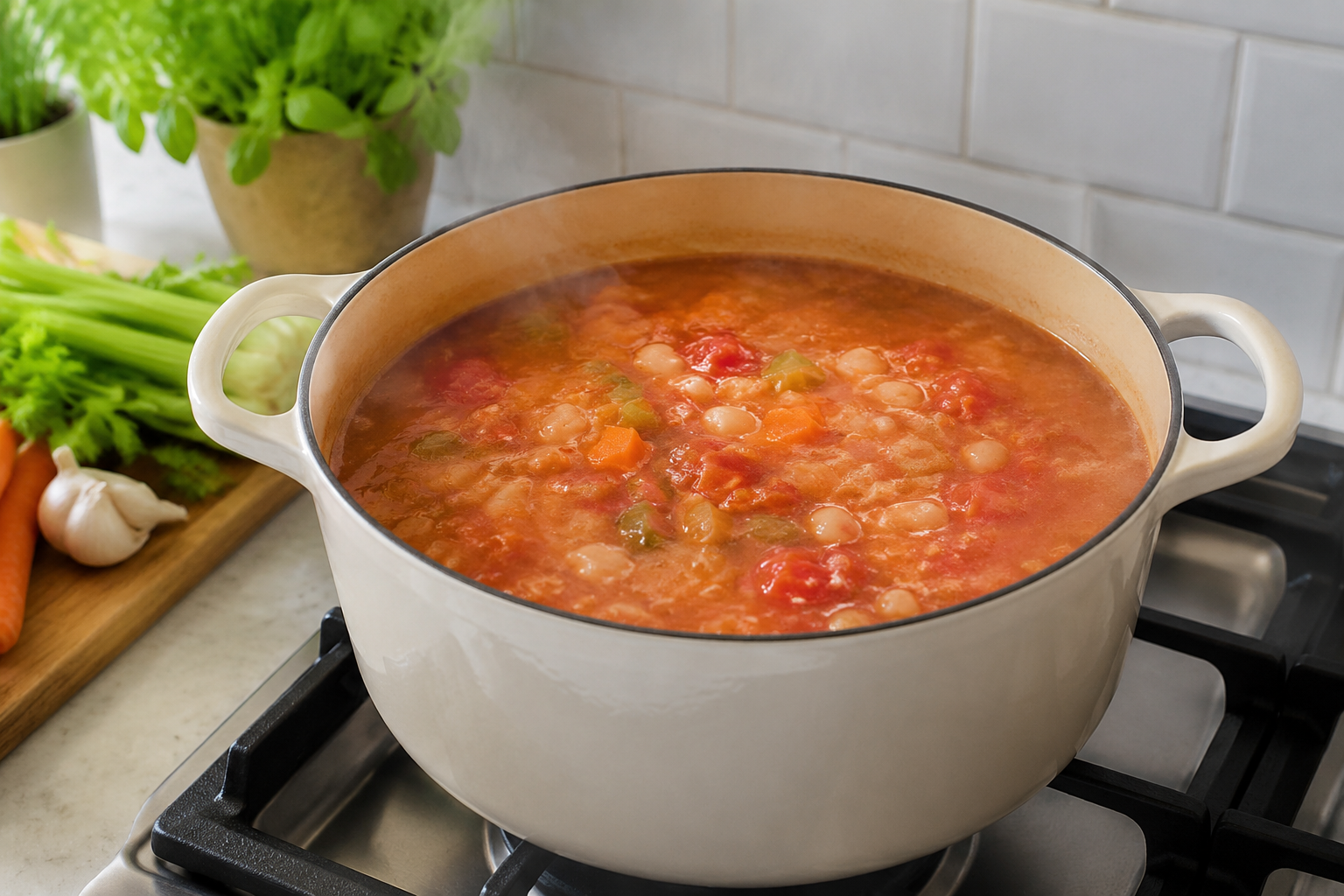 Butter bean and tomato soup simmering in a saucepan