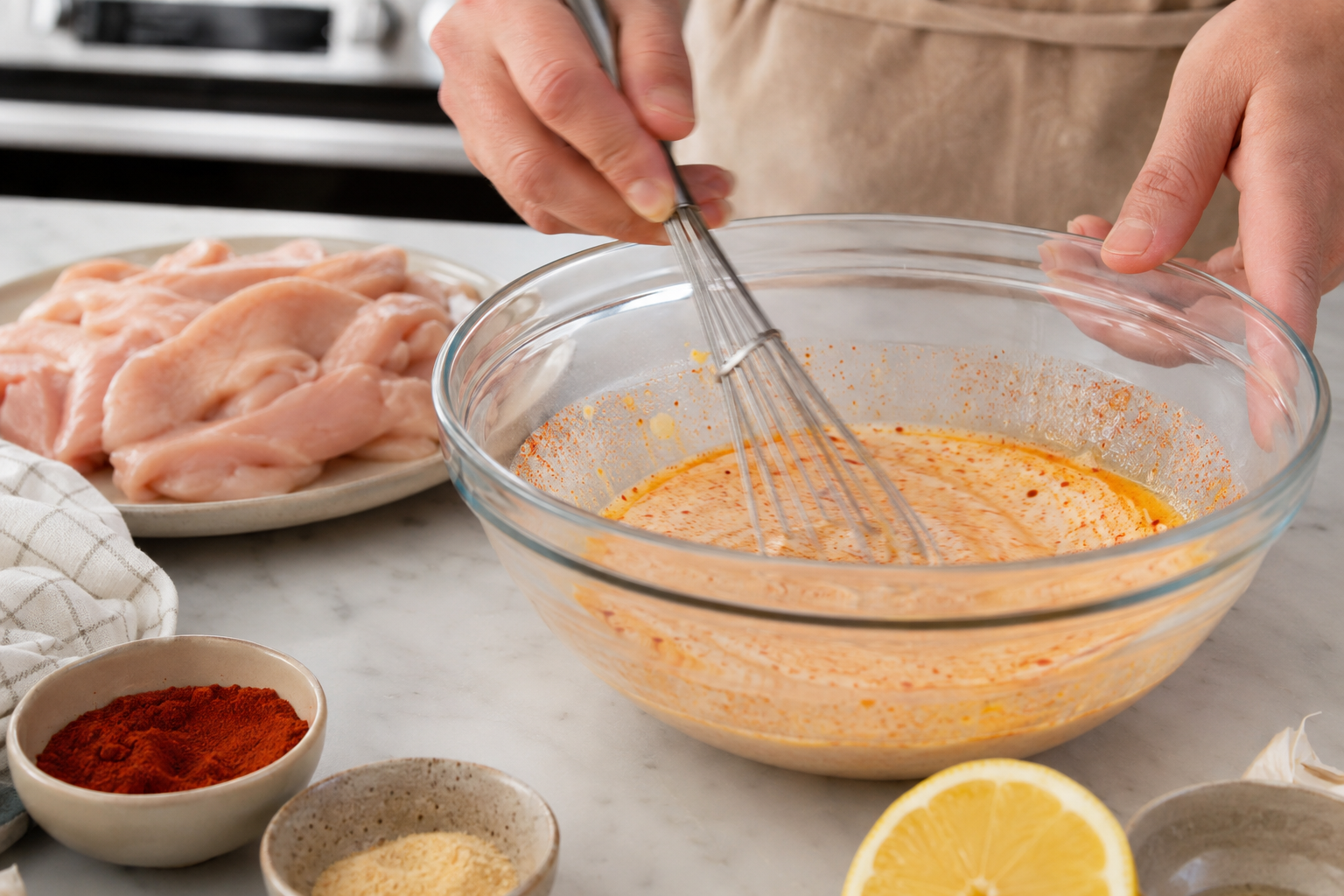 Buttermilk egg lemon and seasonings being whisked for chicken tenders