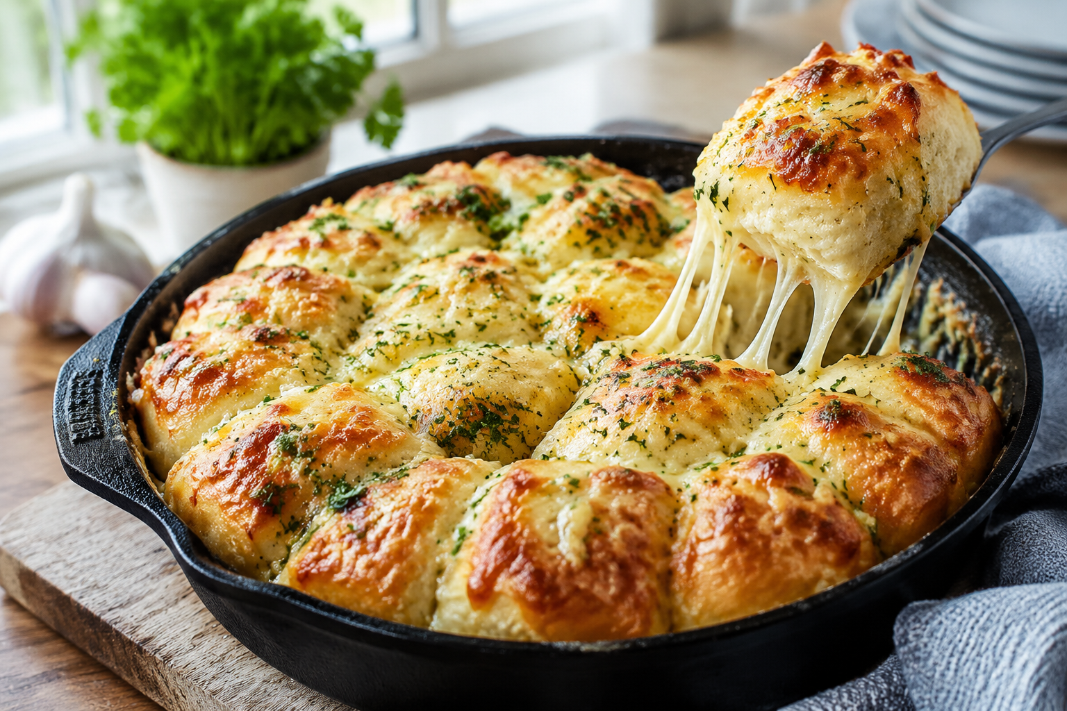 Homemade cheesy garlic pull-apart bread with melted mozzarella