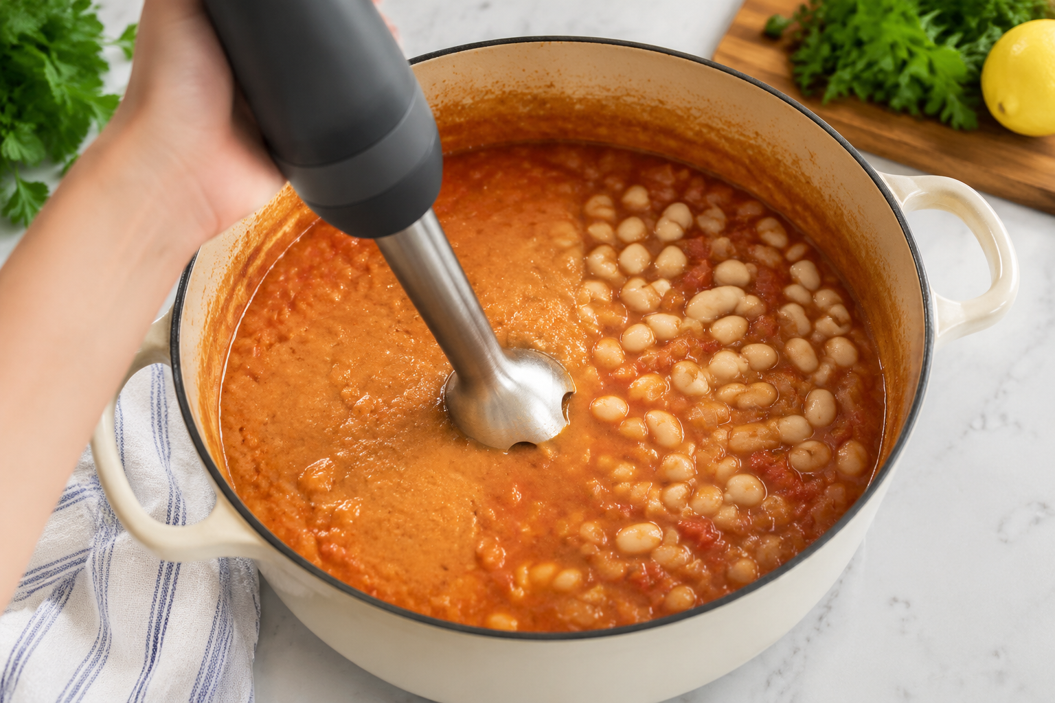 Butter bean soup being partly blended with a stick blender