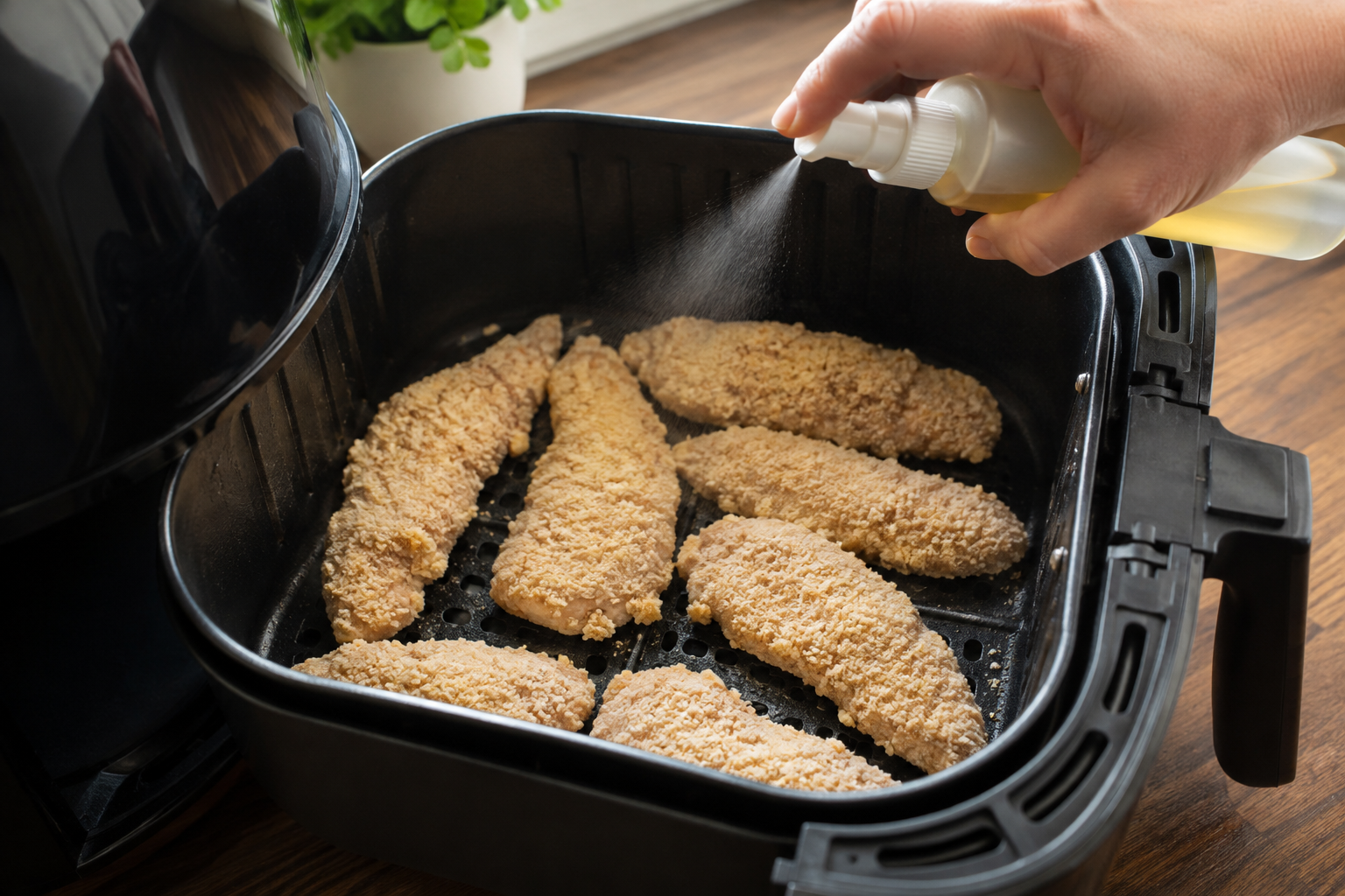 Breaded chicken tenders arranged in an air fryer basket and sprayed with oil