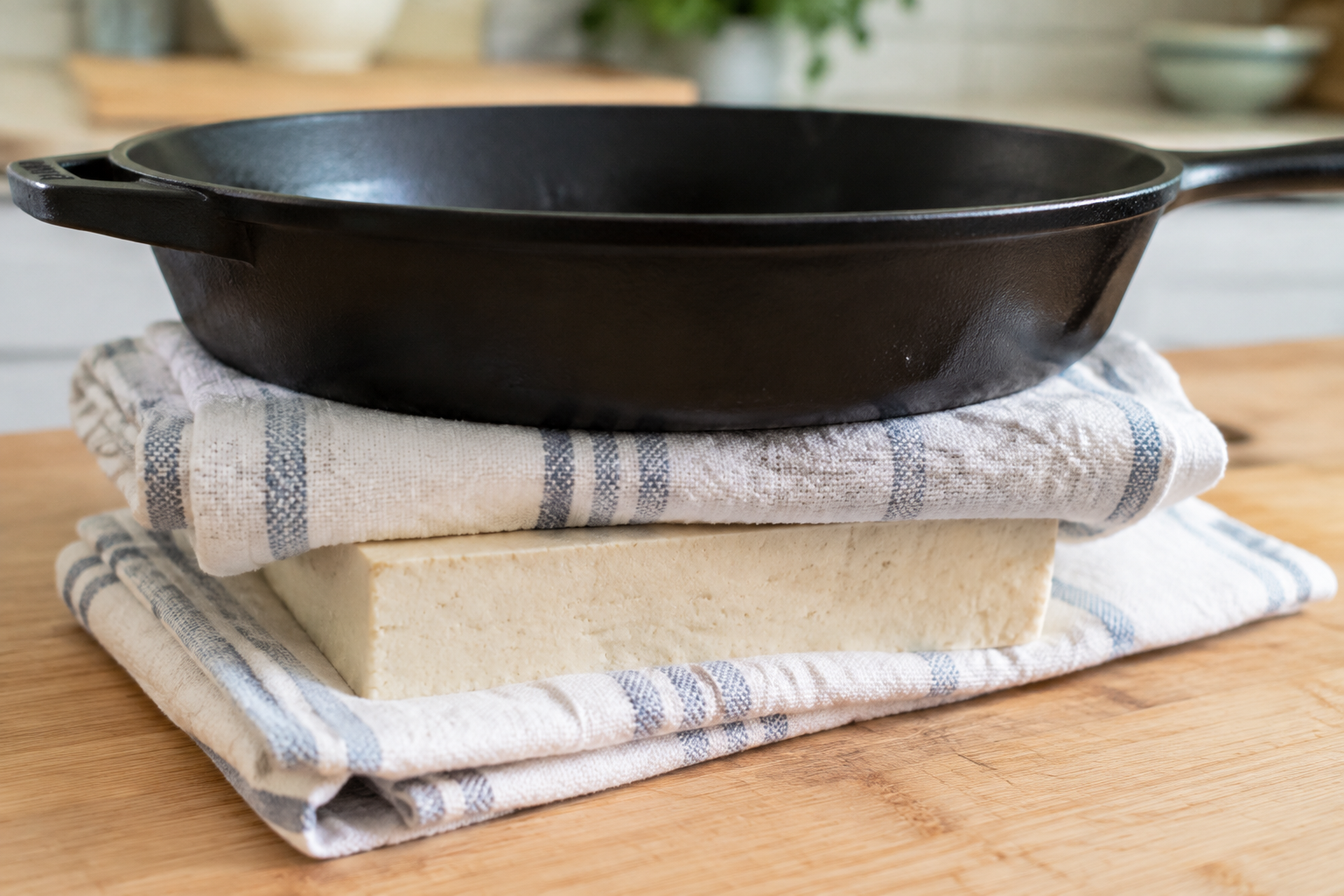 Extra-firm tofu being pressed beneath a heavy pan