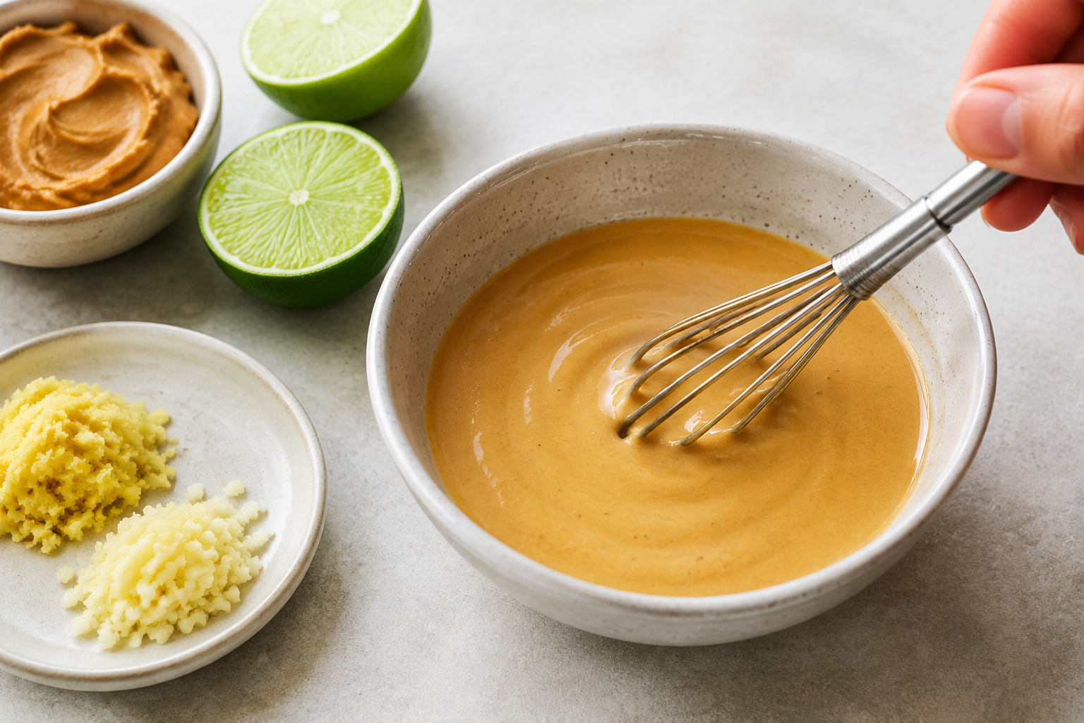 Creamy peanut-lime sauce being whisked in a ceramic bowl