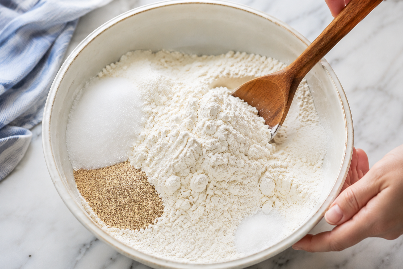 Flour yeast sugar and salt being mixed for garlic bread dough