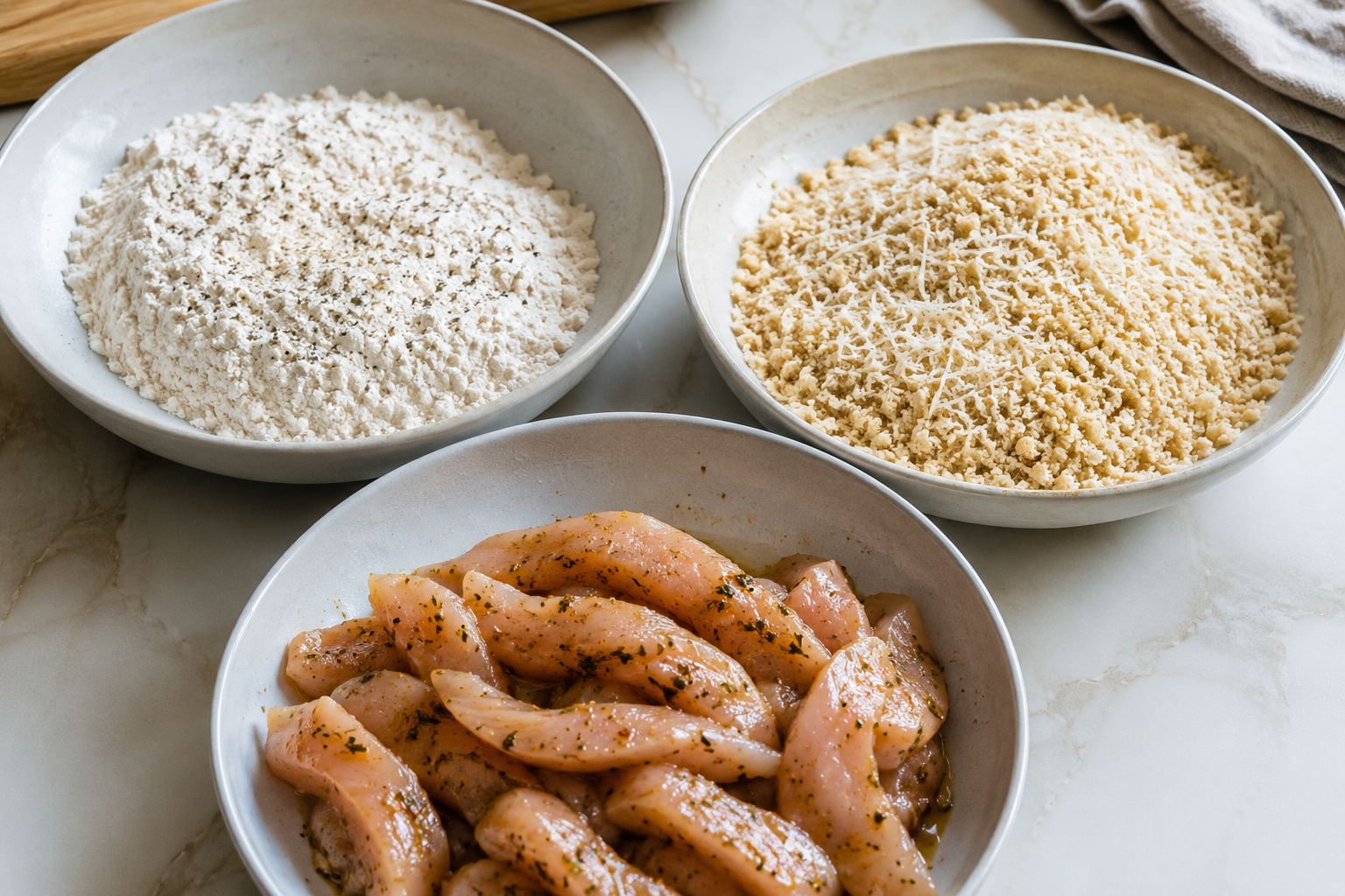 Flour panko Parmesan and marinated chicken breading station