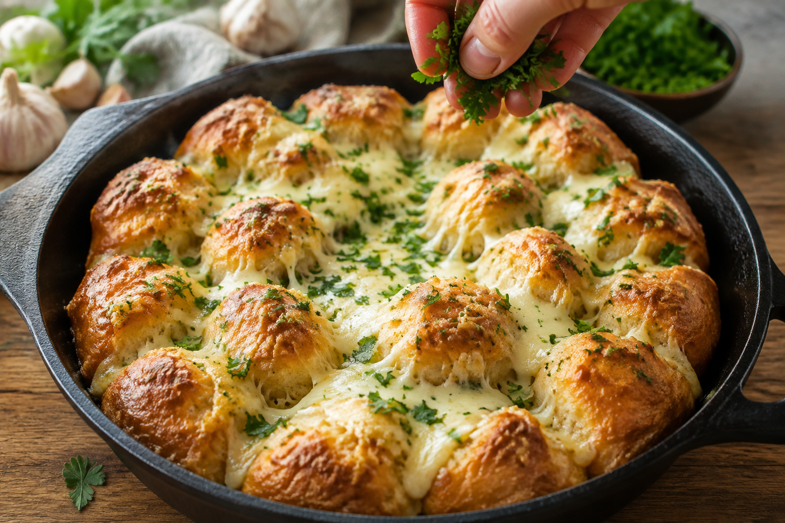 Freshly baked cheesy garlic bread brushed with butter and parsley