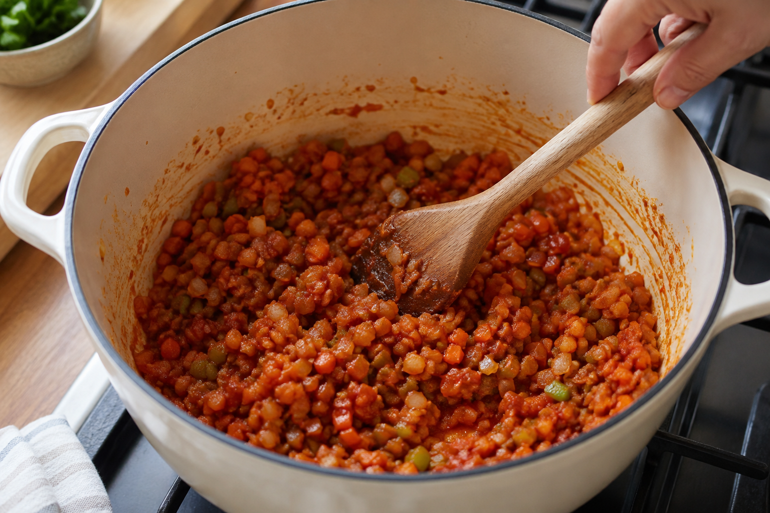 Garlic tomato puree and spices stirred into softened vegetables