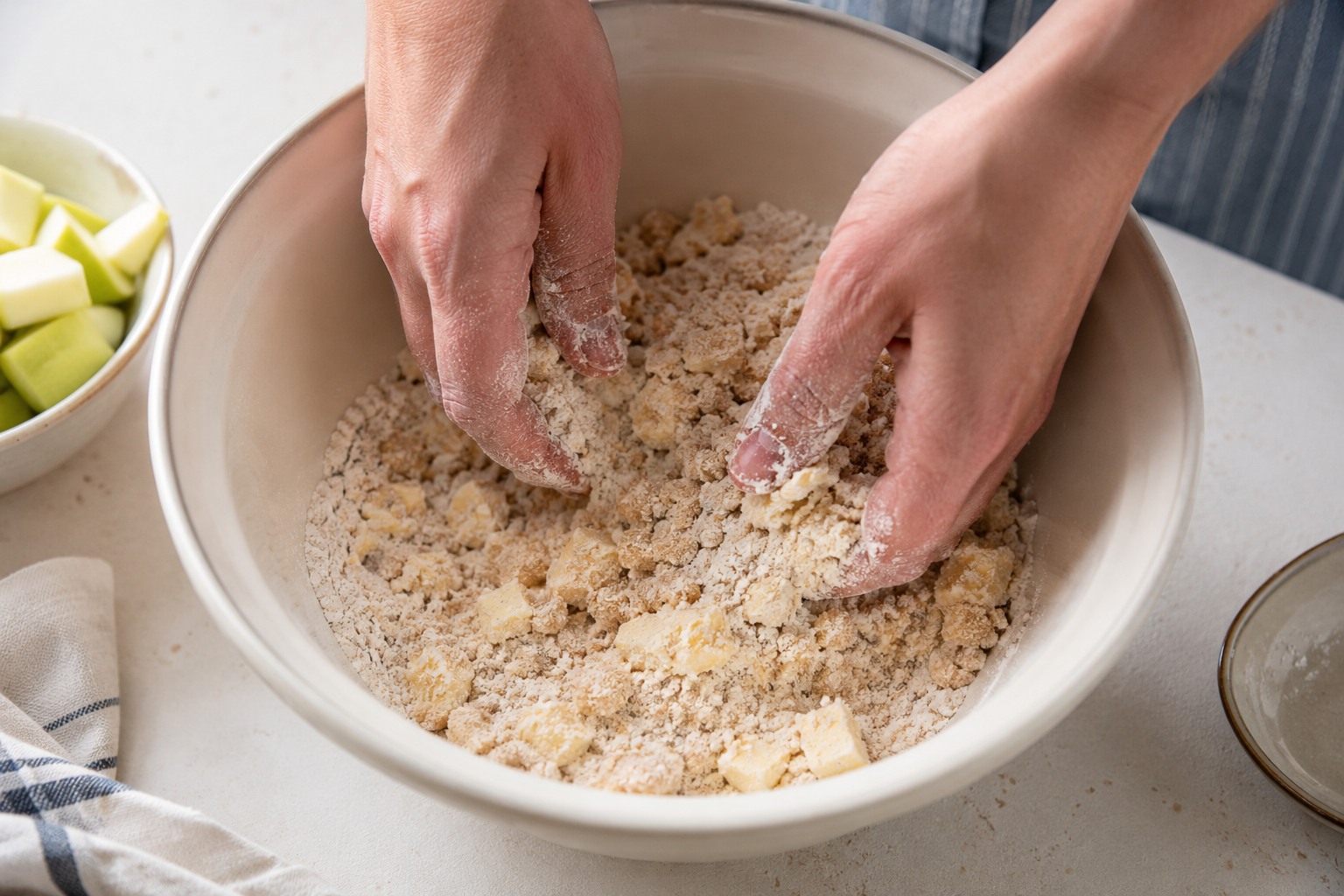 Rubbing cold butter into flour for crumble topping