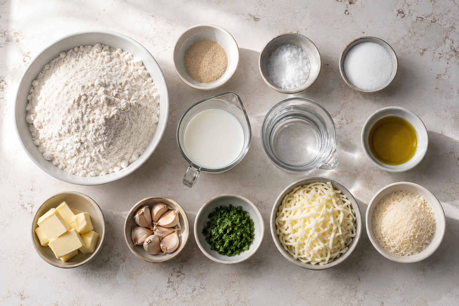 Ingredients for homemade cheesy garlic bread
