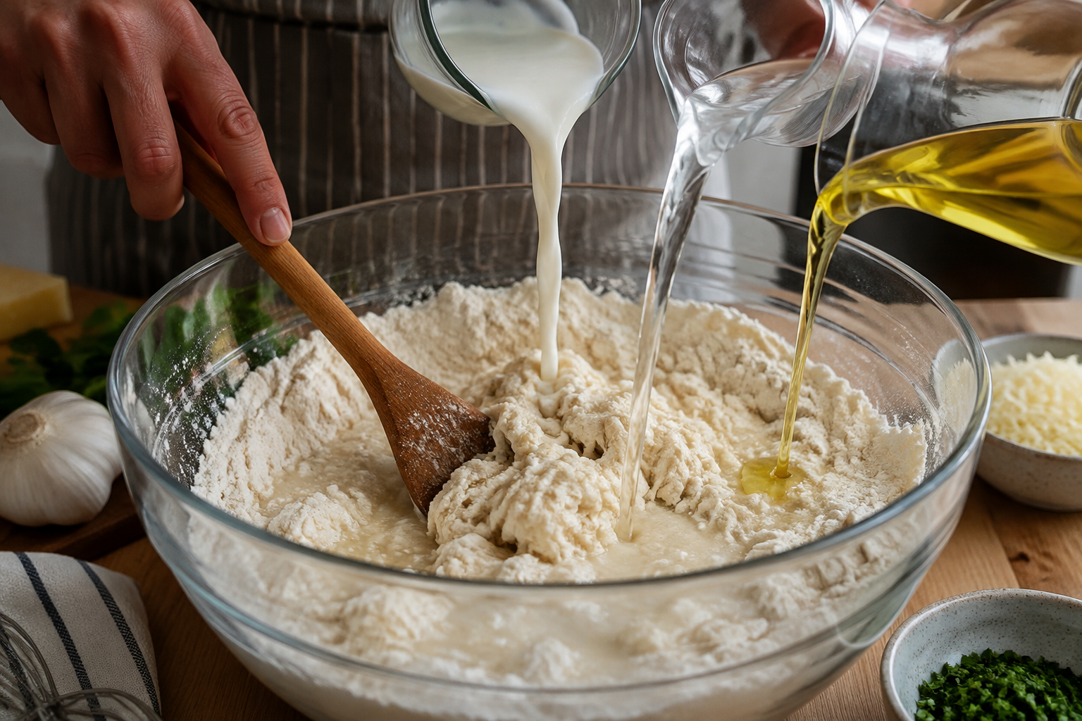 Warm milk water and olive oil added to garlic bread dough