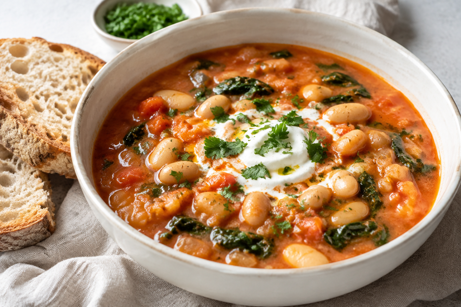 Creamy butter bean and tomato soup served with parsley and lemon