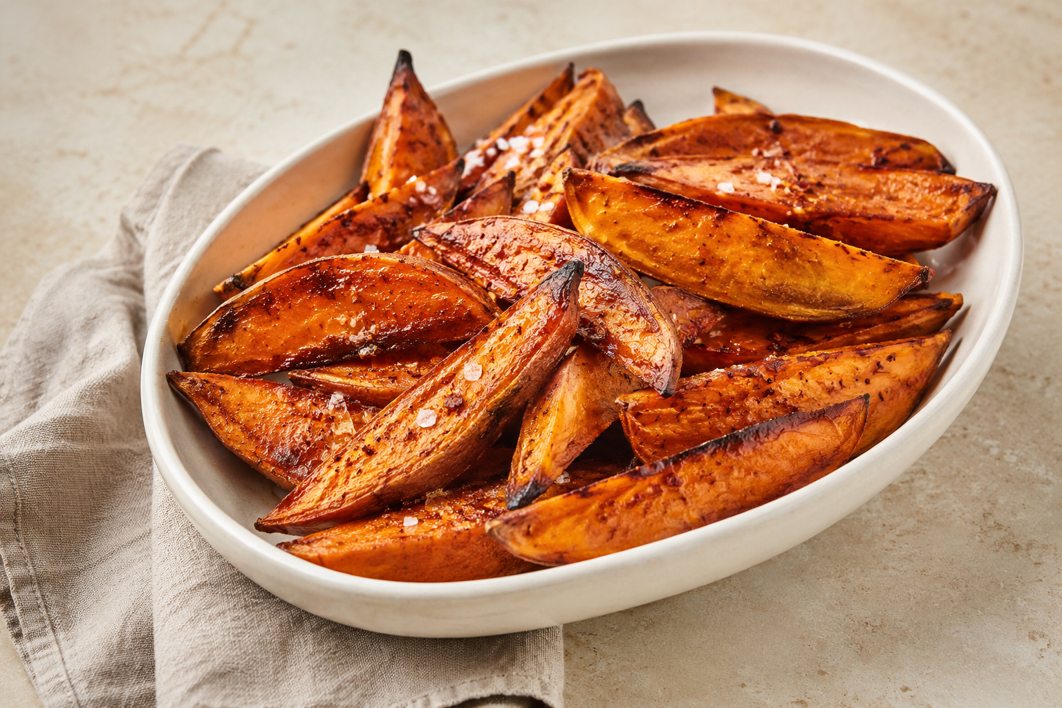 Honey-butter roasted sweet potato wedges with caramelised edges