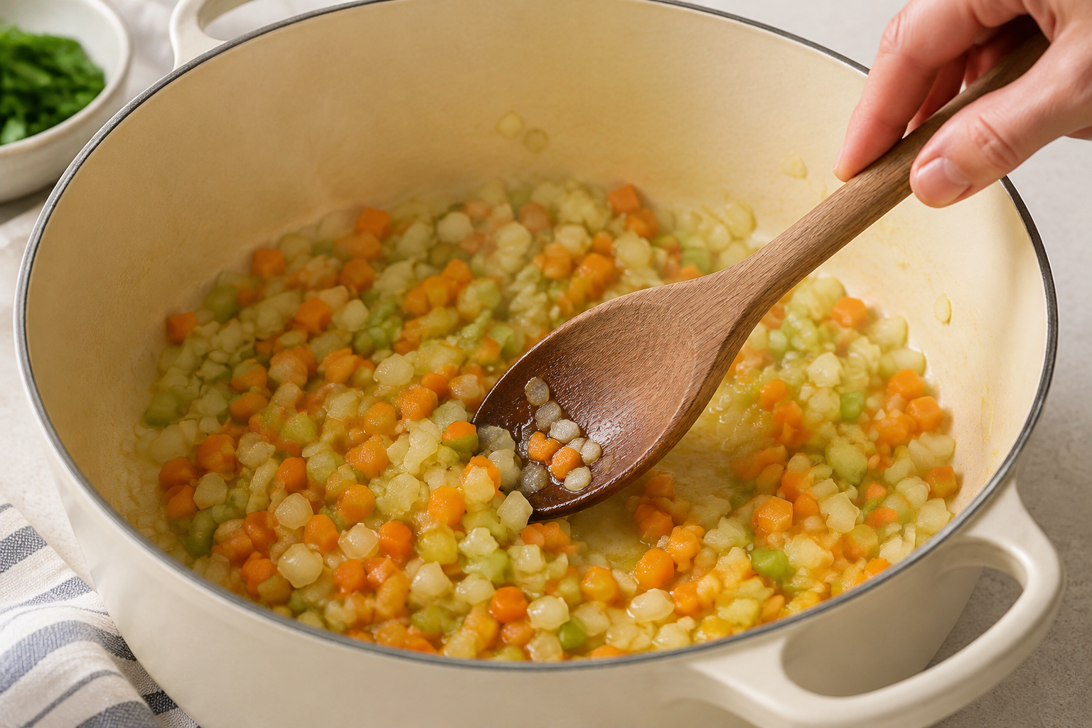 Onion carrot and celery softening in a saucepan