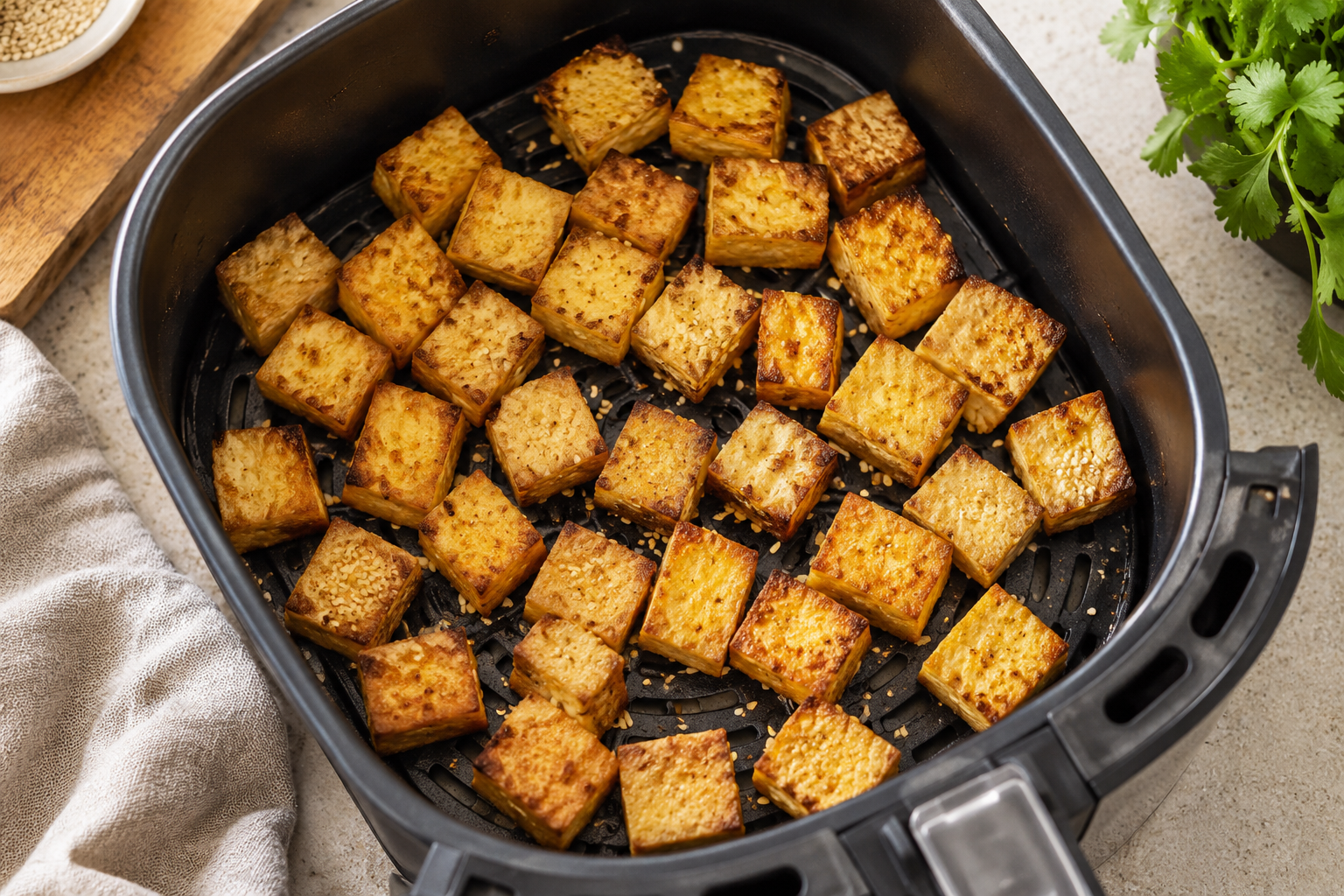 Golden crispy tofu cubes freshly cooked in an air fryer