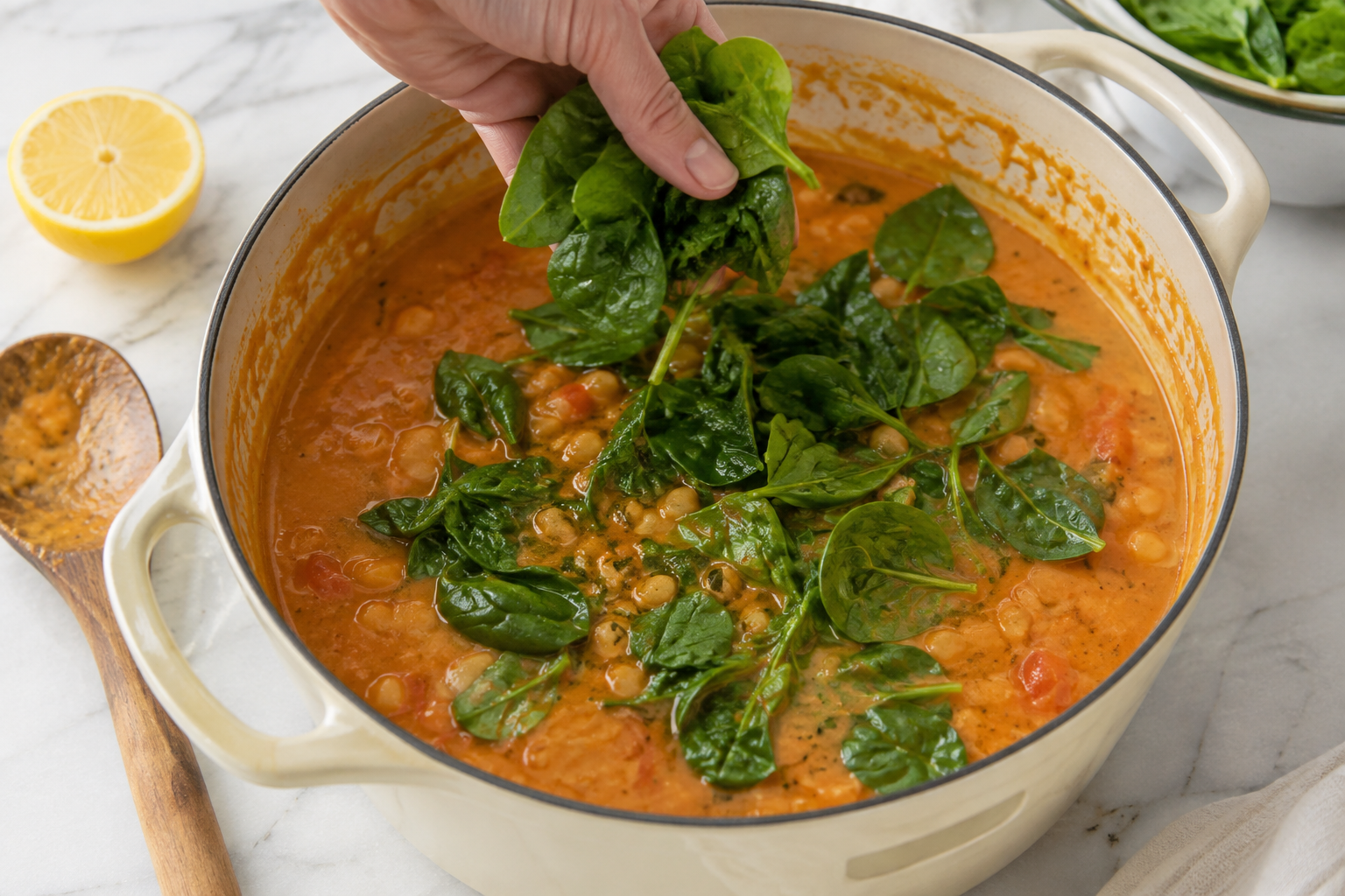 Spinach and lemon being added to finished butter bean soup