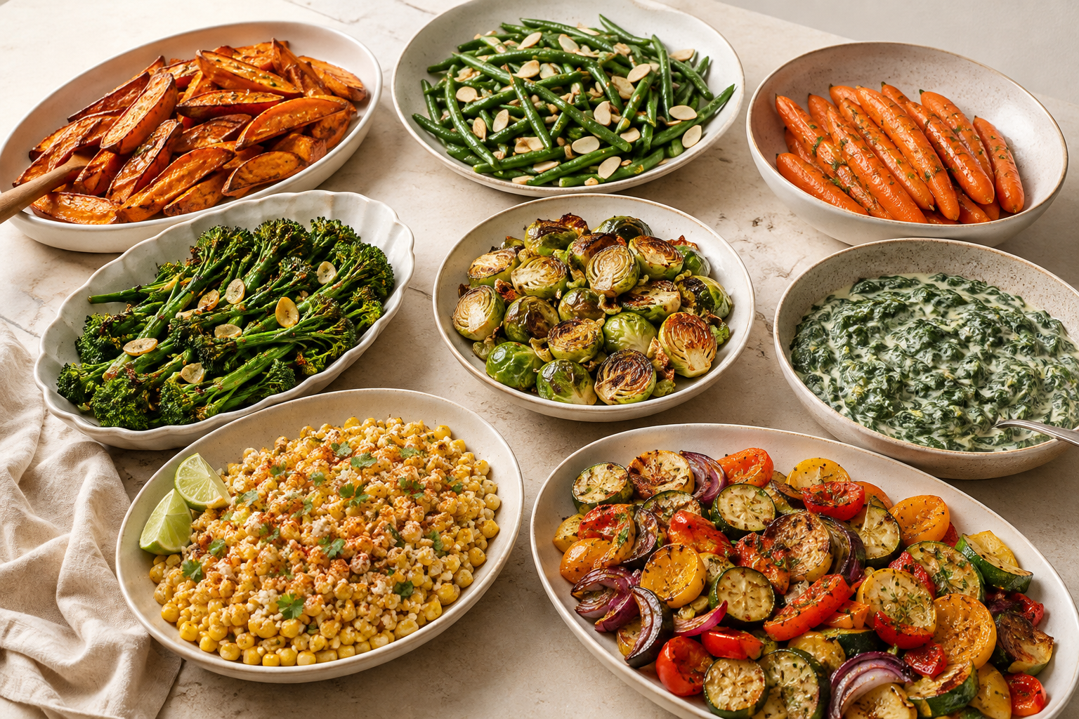 Eight easy vegetable side dishes arranged on a dining table