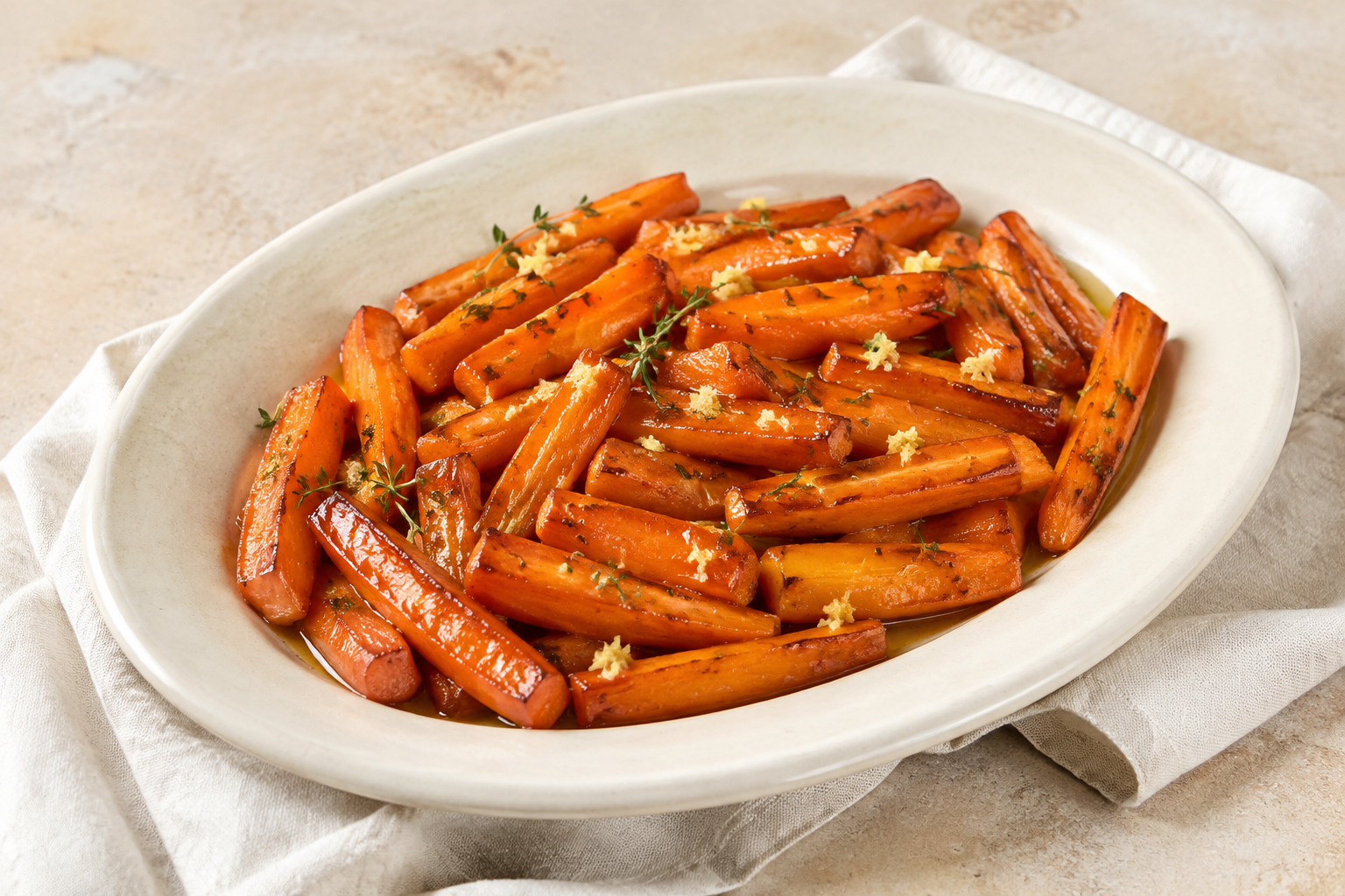 Brown-butter glazed carrot batons with thyme and ginger