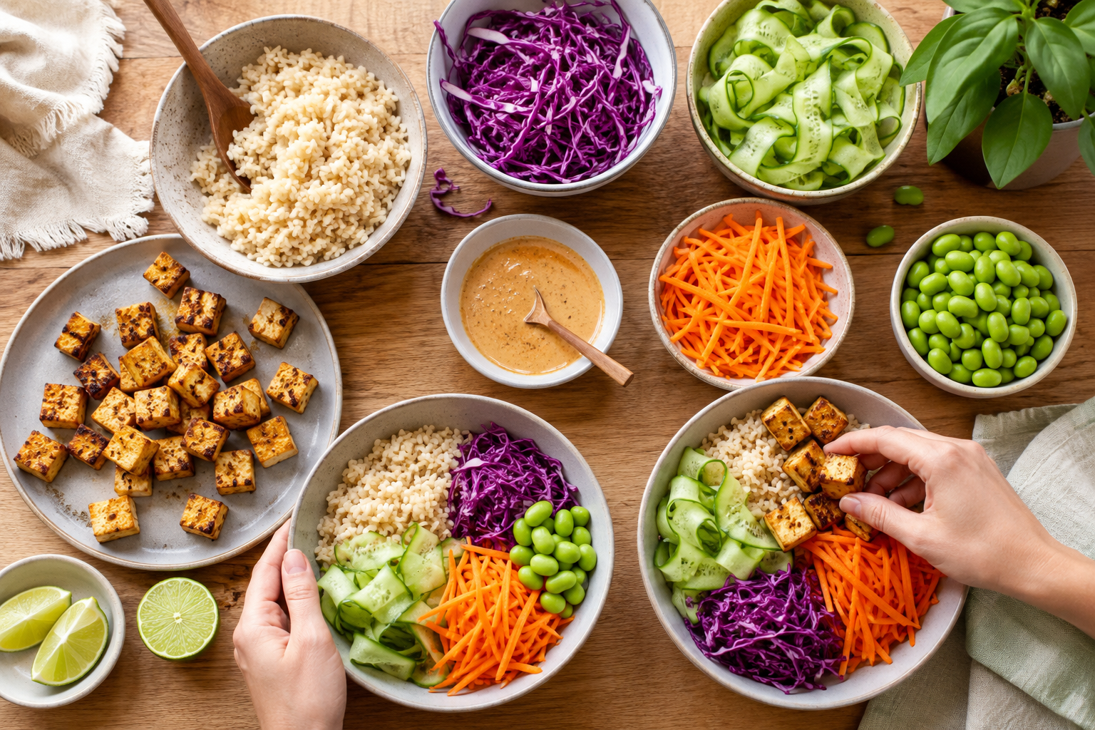 Colourful tofu rice bowls being assembled with vegetables and peanut sauce