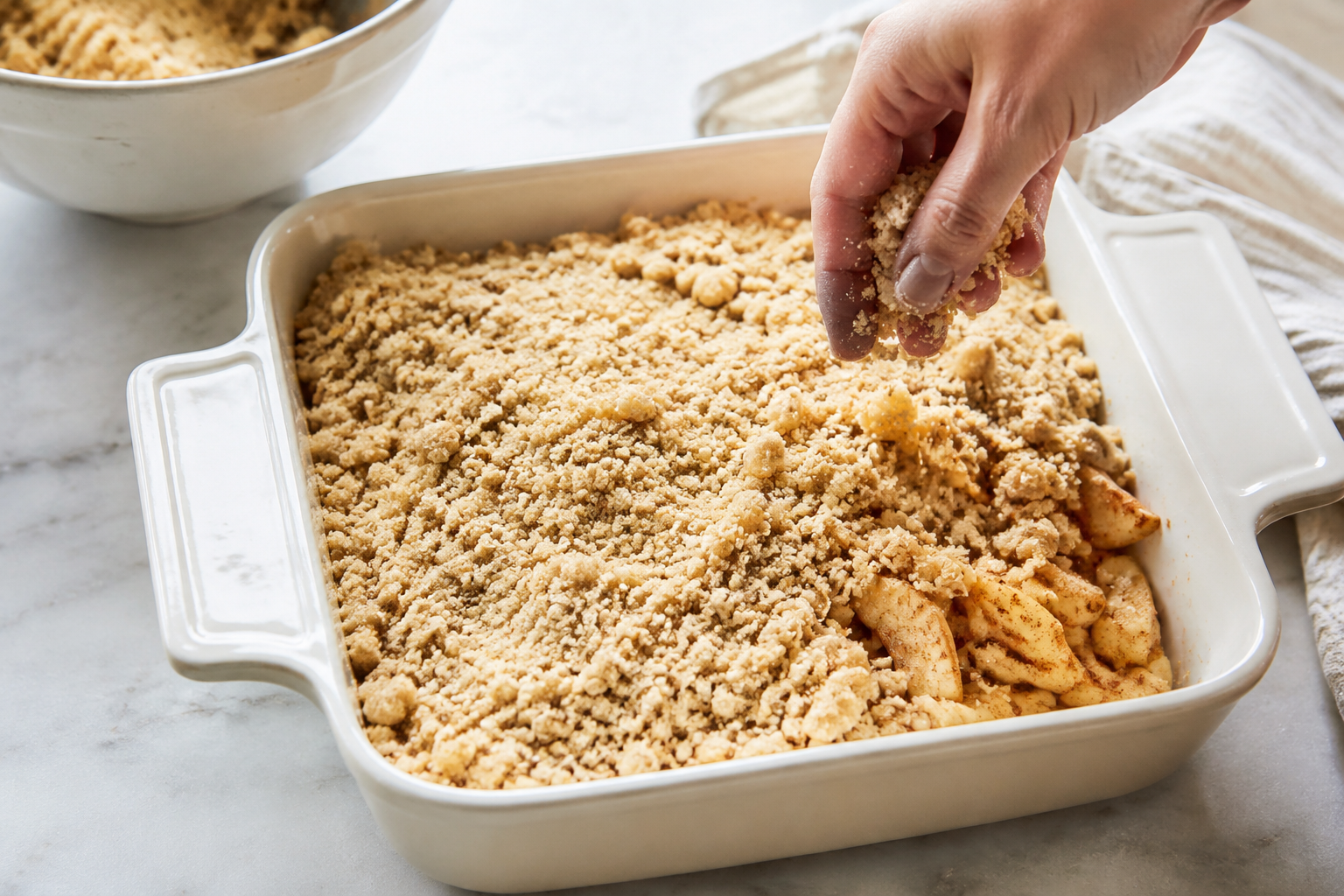 Scattering crumble topping over cinnamon apples before baking