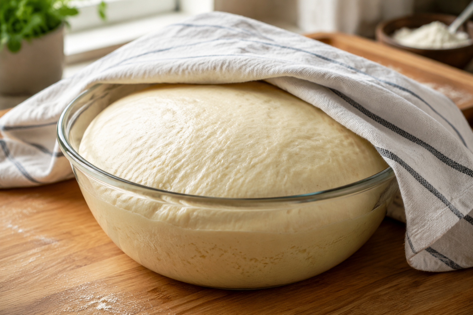 Bread dough risen to twice its size in a covered bowl
