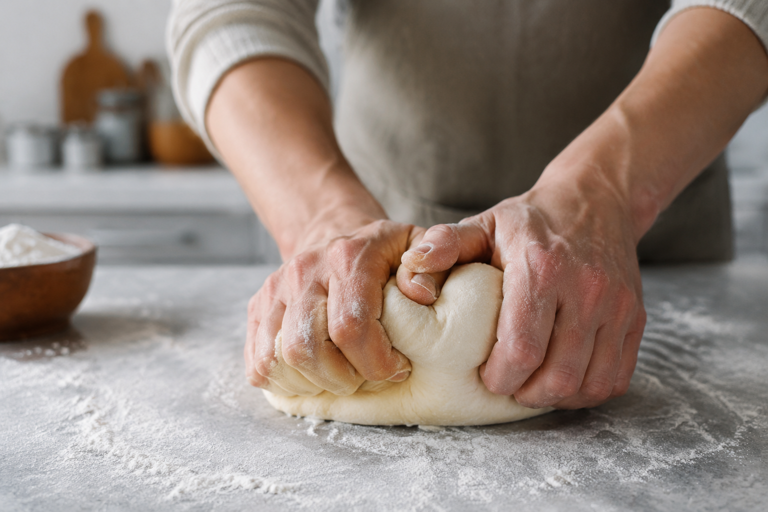 Soft bread dough being kneaded by hand