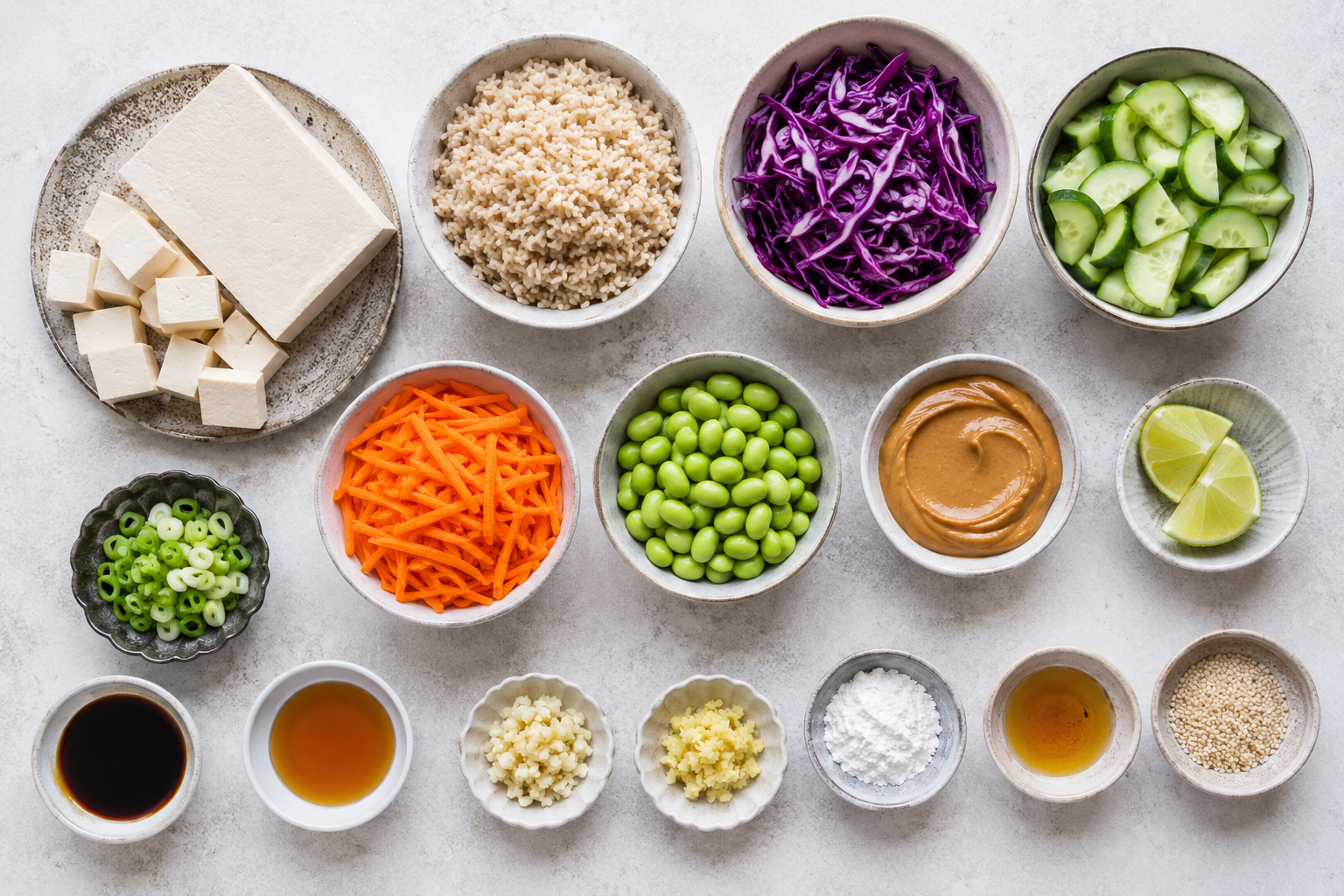 Ingredients for crispy air fryer tofu bowls arranged on a worktop