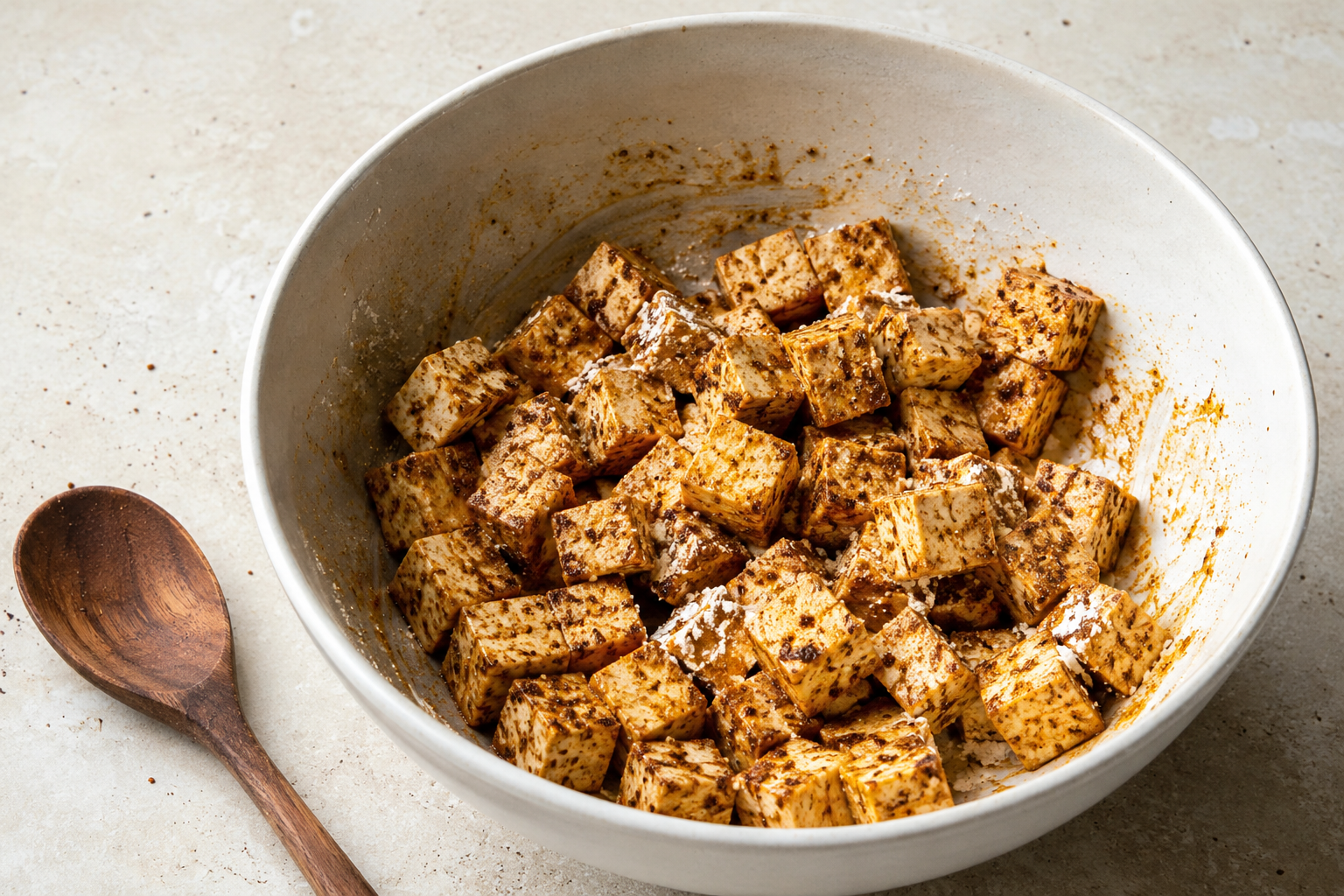 Tofu cubes coated with cornflour and seasonings in a mixing bowl