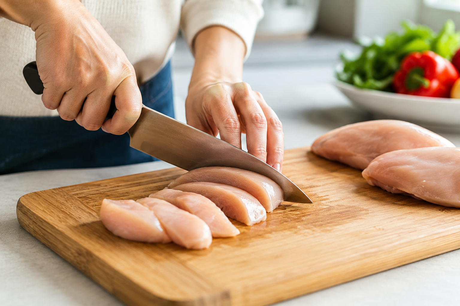 Chicken breasts being sliced into even tender-sized strips