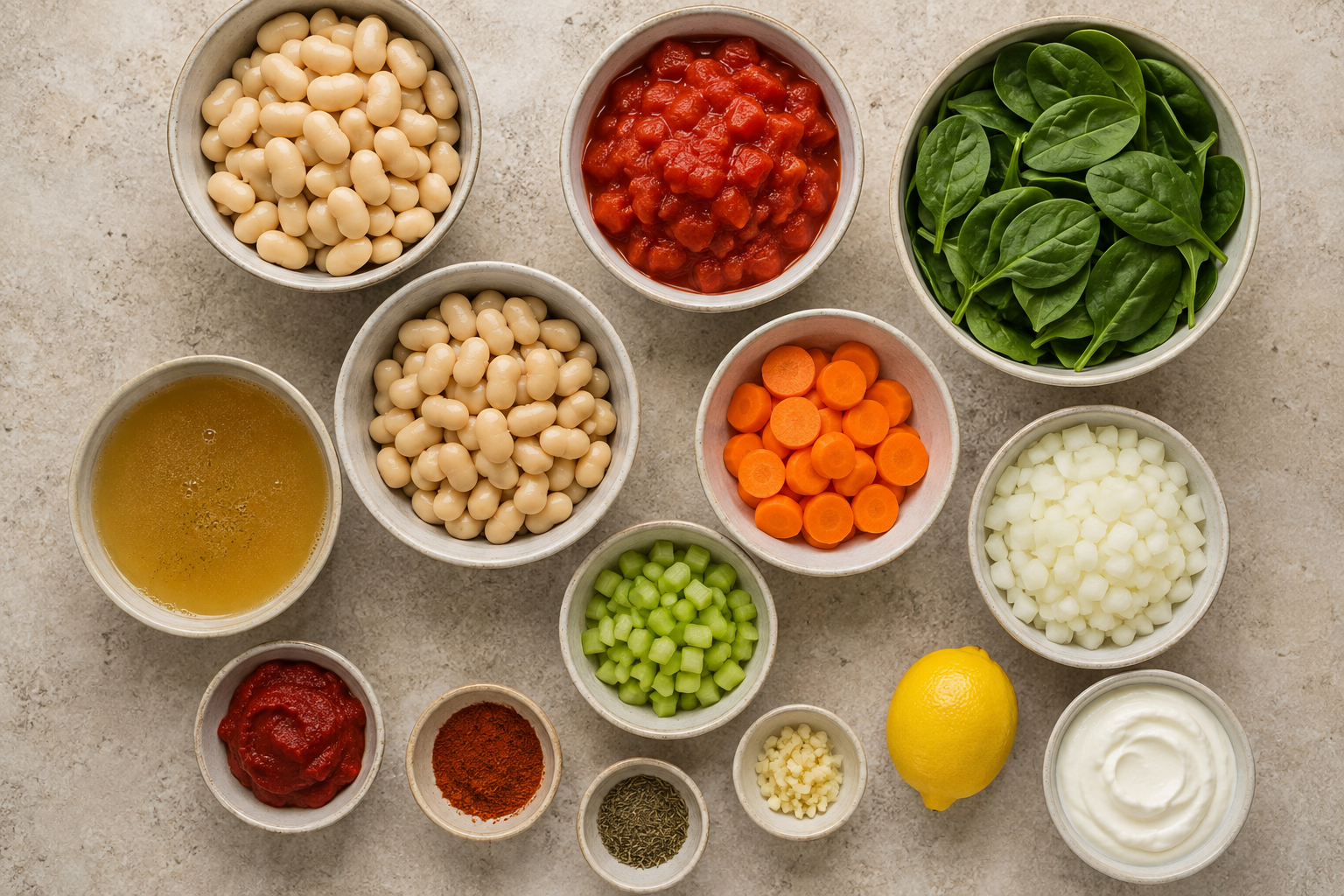 Ingredients for butter bean soup arranged on a kitchen worktop