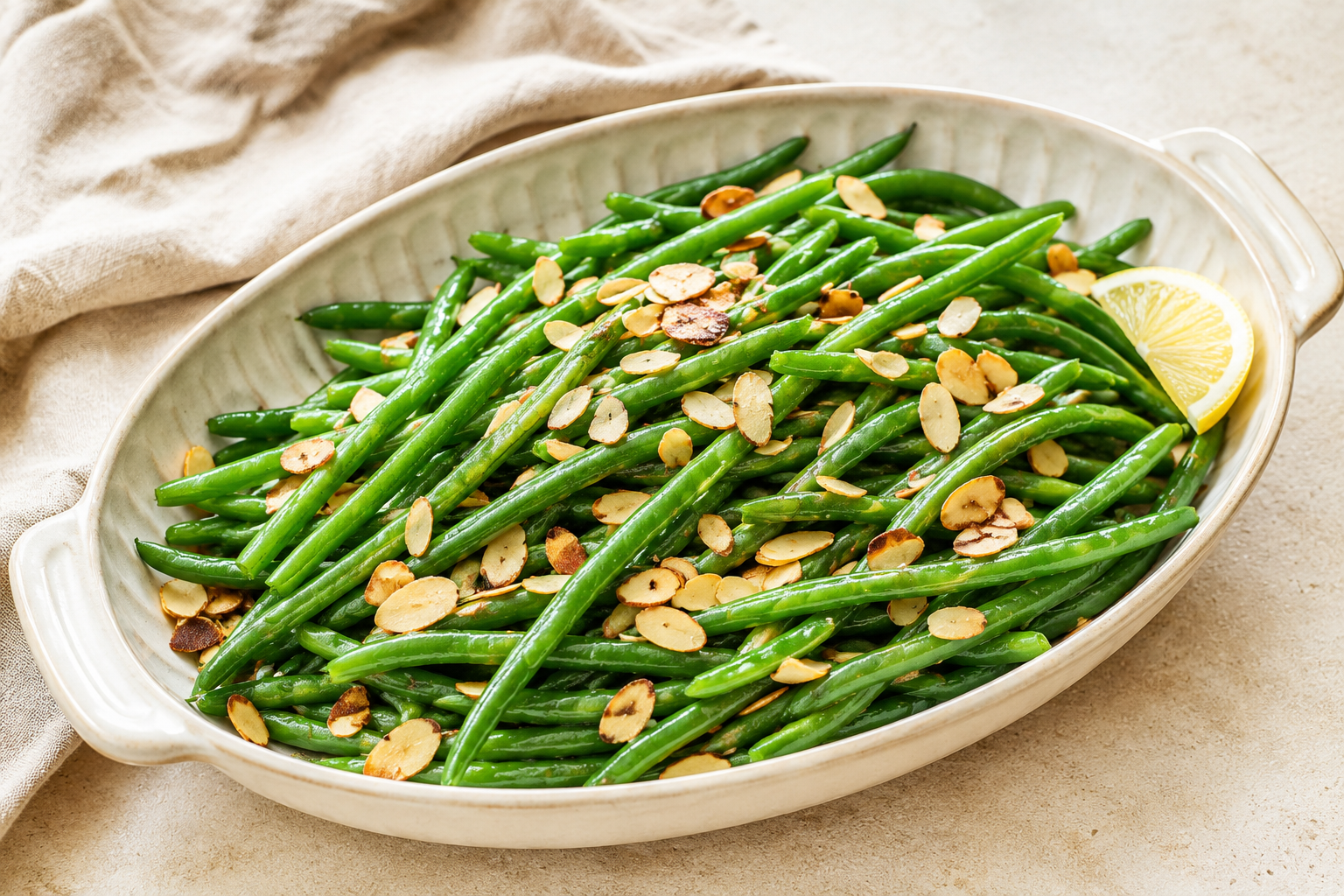 Green beans almondine with toasted sliced almonds and lemon