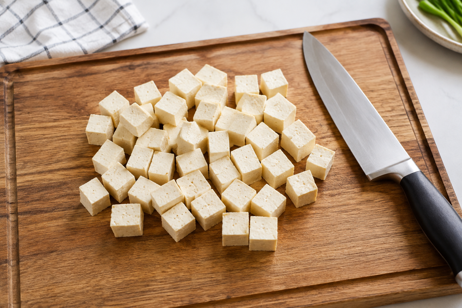 Pressed tofu cut into even cubes on a wooden chopping board