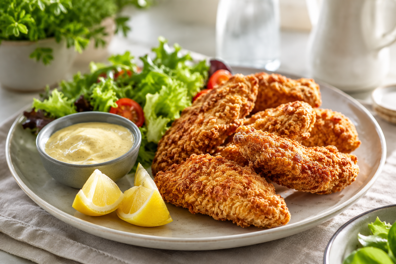 Crispy air fryer chicken tenders with honey mustard dip and salad