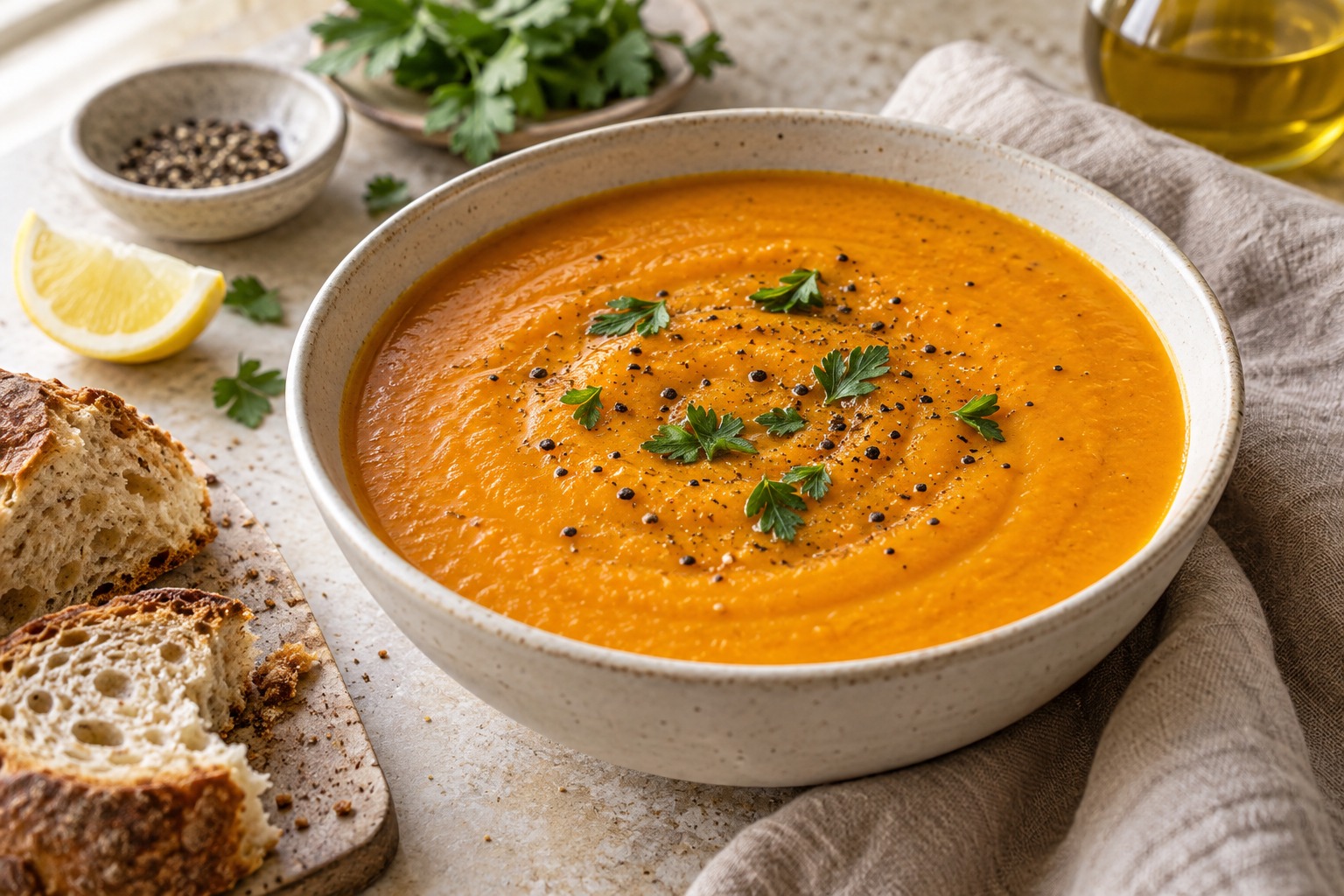 Roasted carrot and red lentil soup with parsley and bread