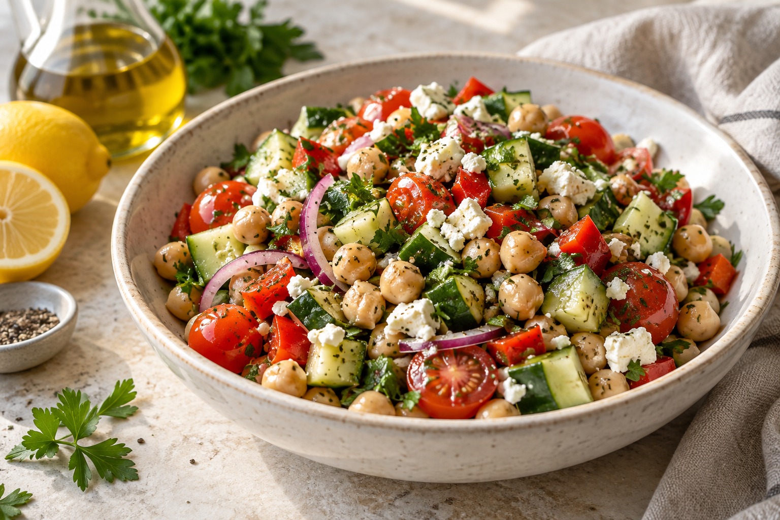 Mediterranean chickpea salad with feta cucumber and lemon dressing