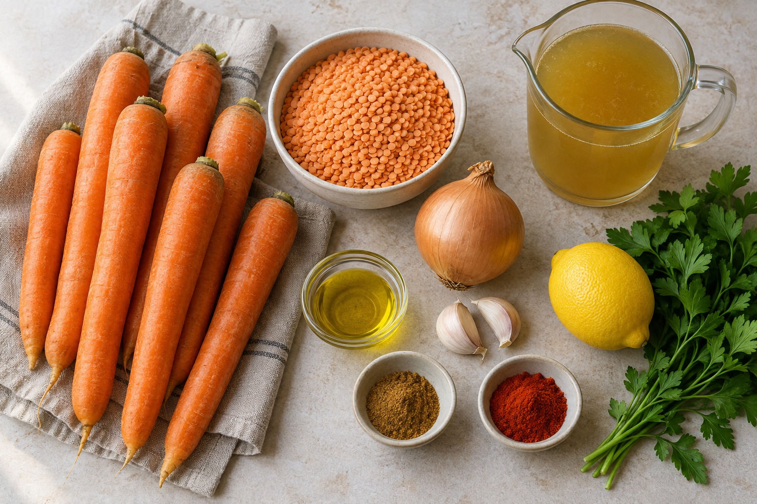 Carrots, split red lentils, onion and spices for the soup