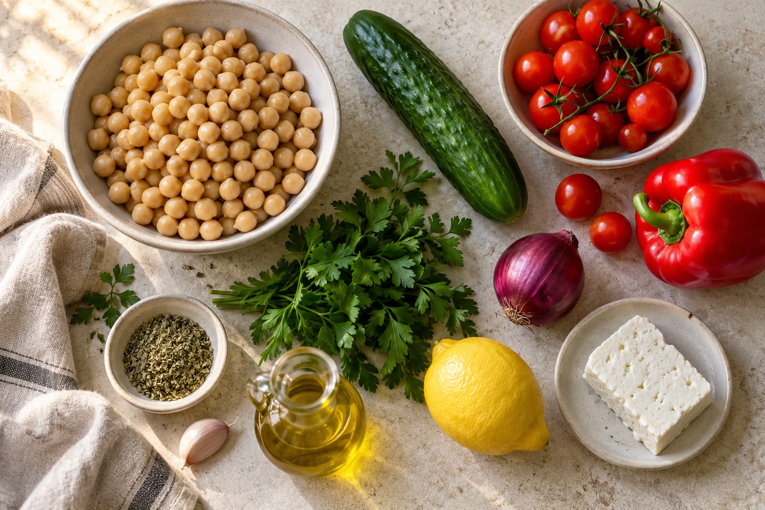 Ingredients for Mediterranean chickpea salad arranged on a worktop