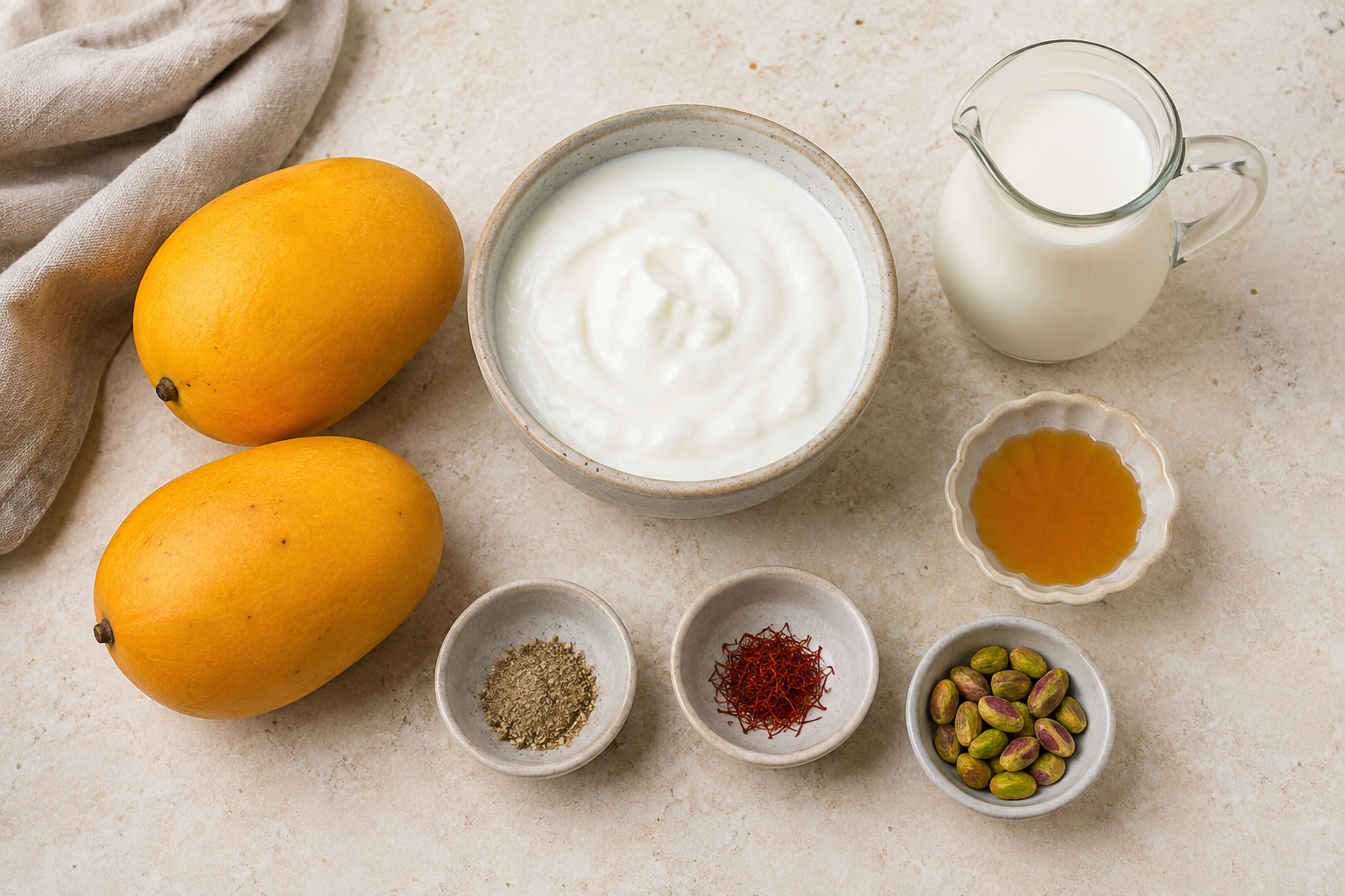 Mango lassi ingredients including ripe mangoes, yoghurt, milk, cardamom, honey, saffron and pistachios