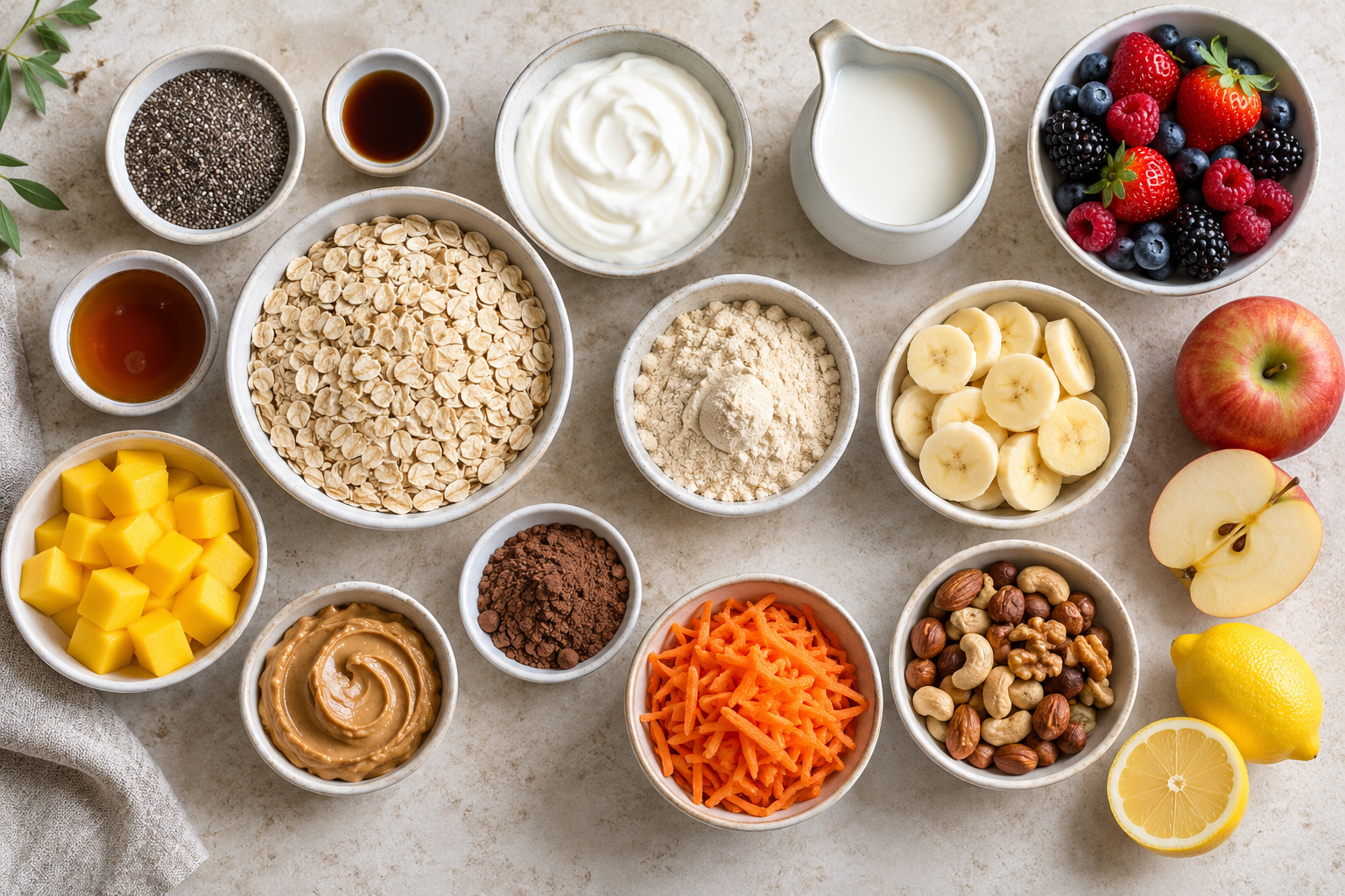 Ingredients for high protein overnight oats arranged on a kitchen worktop