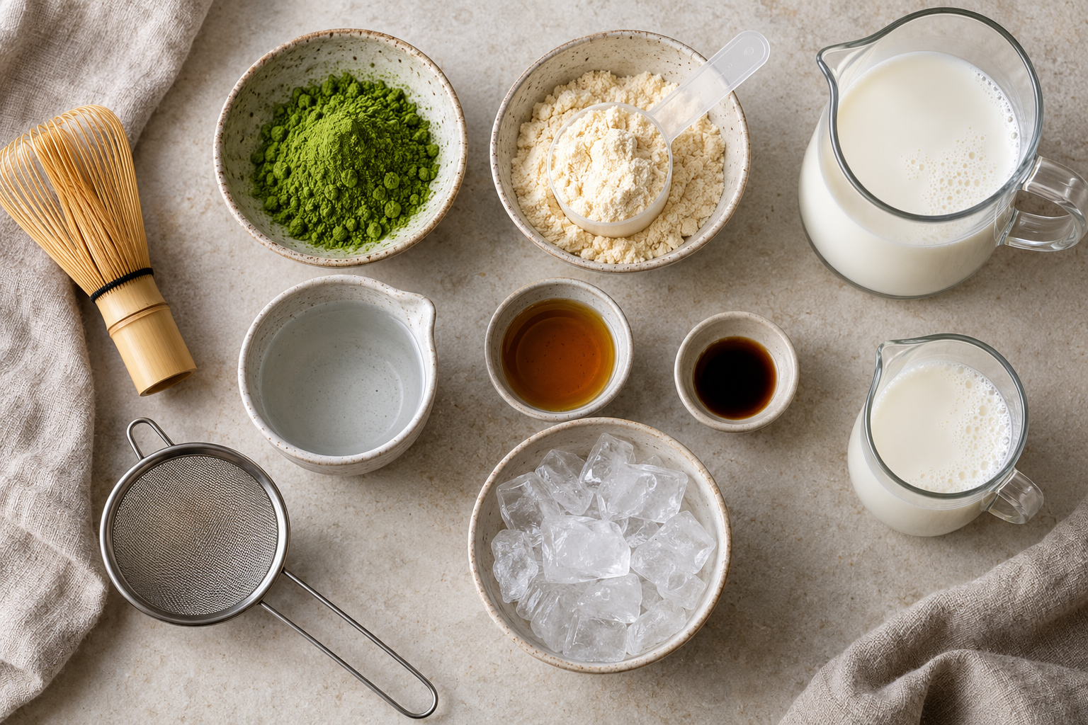 Ingredients for an iced protein matcha latte arranged on a pale worktop
