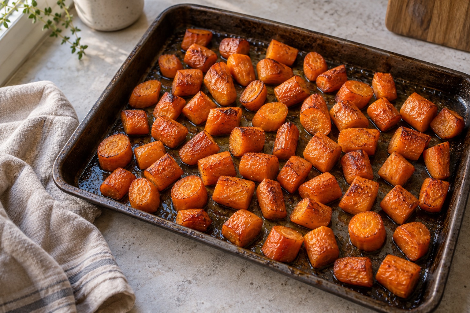 Carrot chunks roasted until tender with golden edges