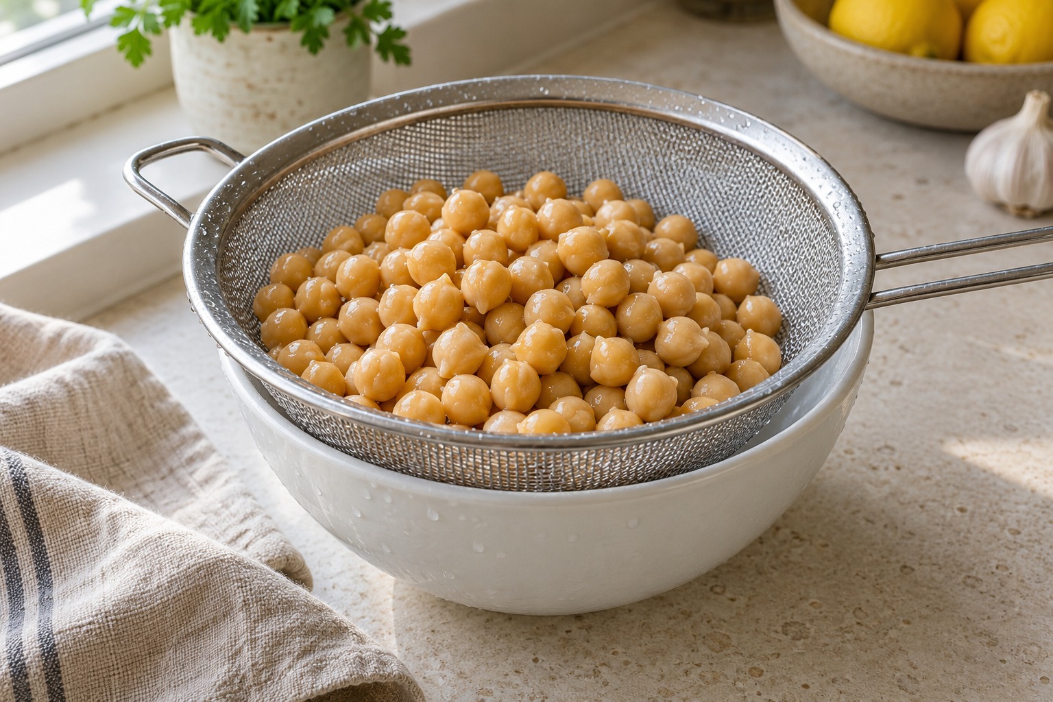 Rinsed cooked chickpeas draining in a sieve