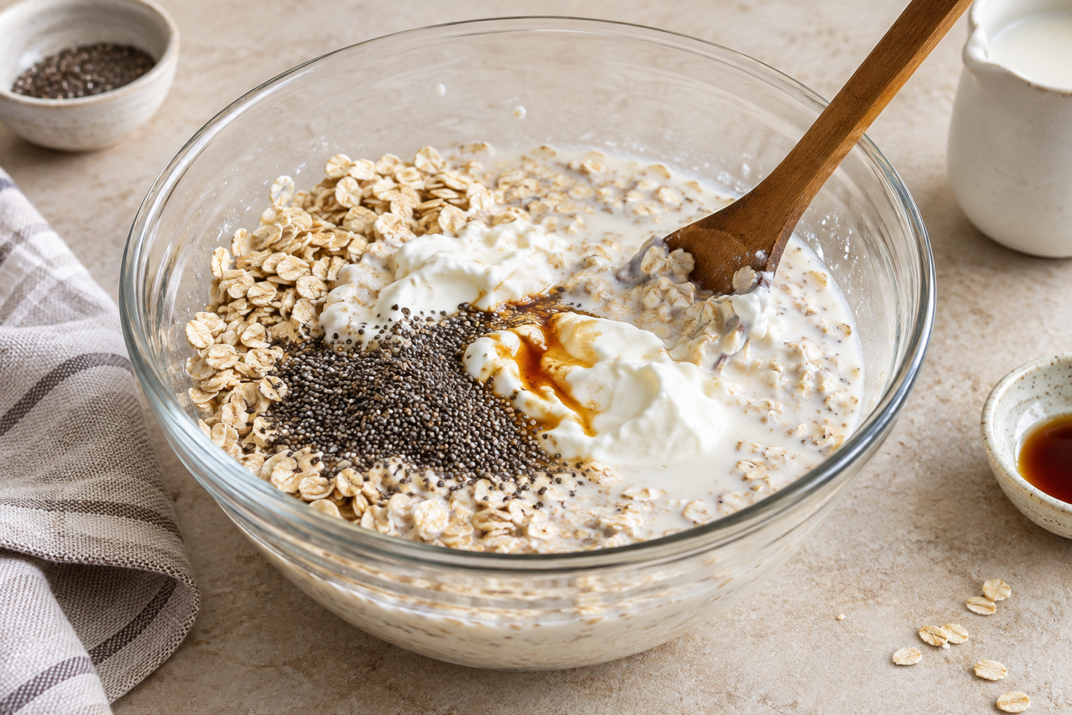 Mixing Greek yoghurt, milk, oats and chia seeds for high protein overnight oats