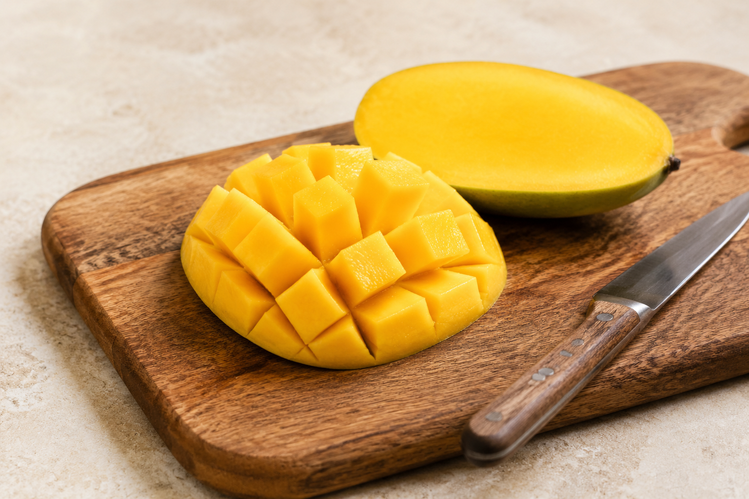 Ripe mango cheek scored into cubes on a wooden chopping board